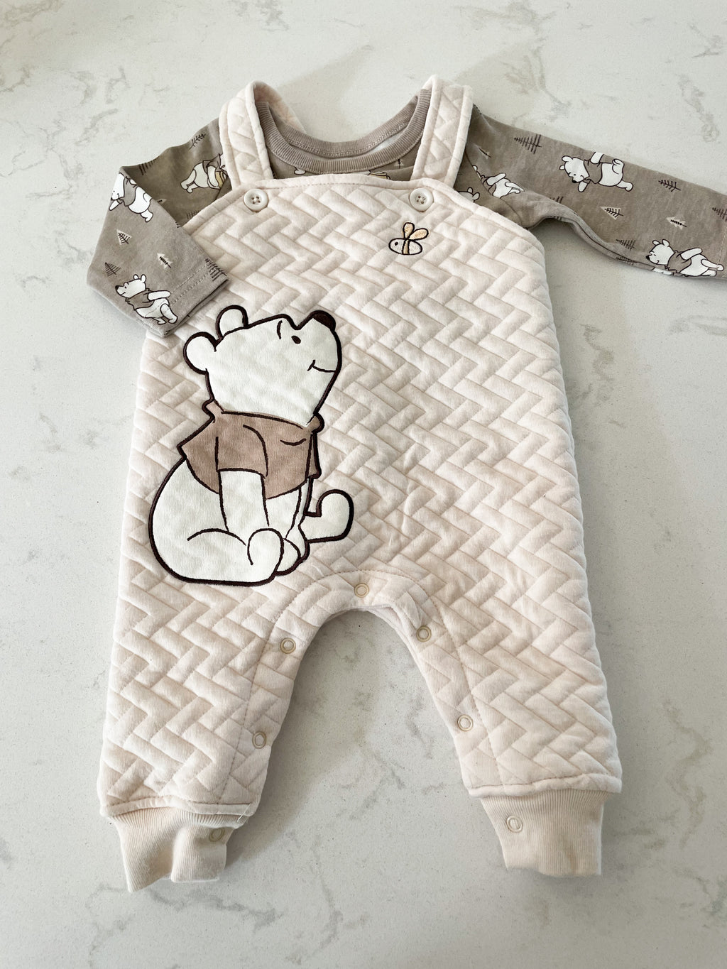 Disney Baby-0-3m-EUC- beige quilted overalls Winnie the Pooh