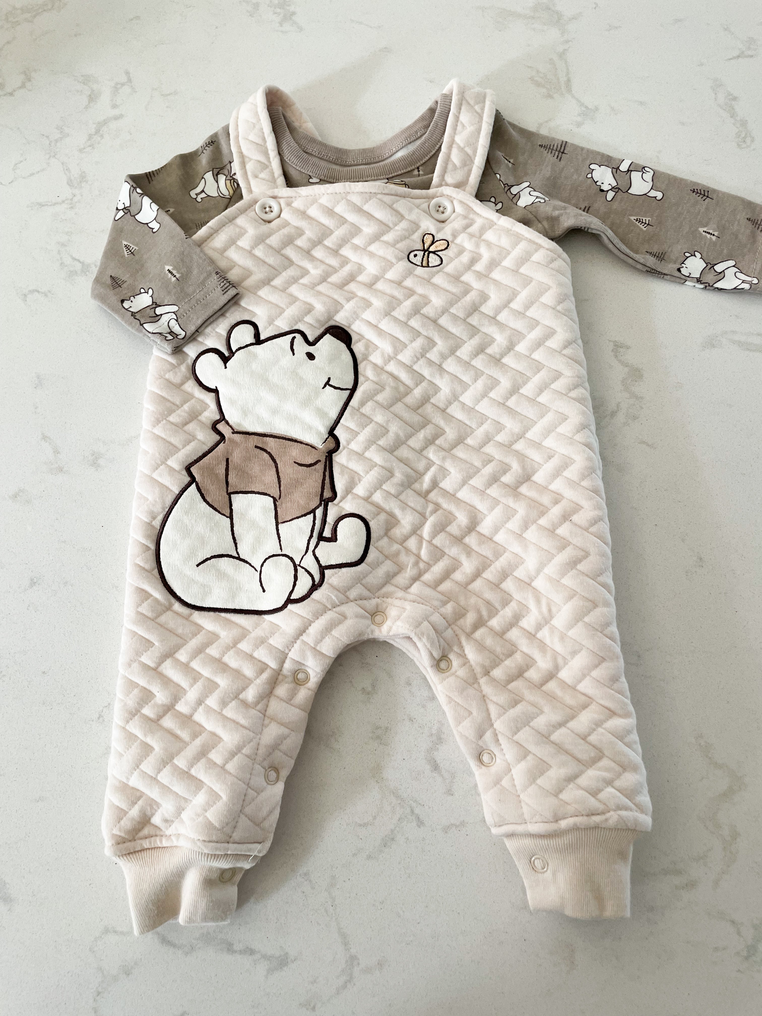 Disney Baby-0-3m-EUC- beige quilted overalls Winnie the Pooh