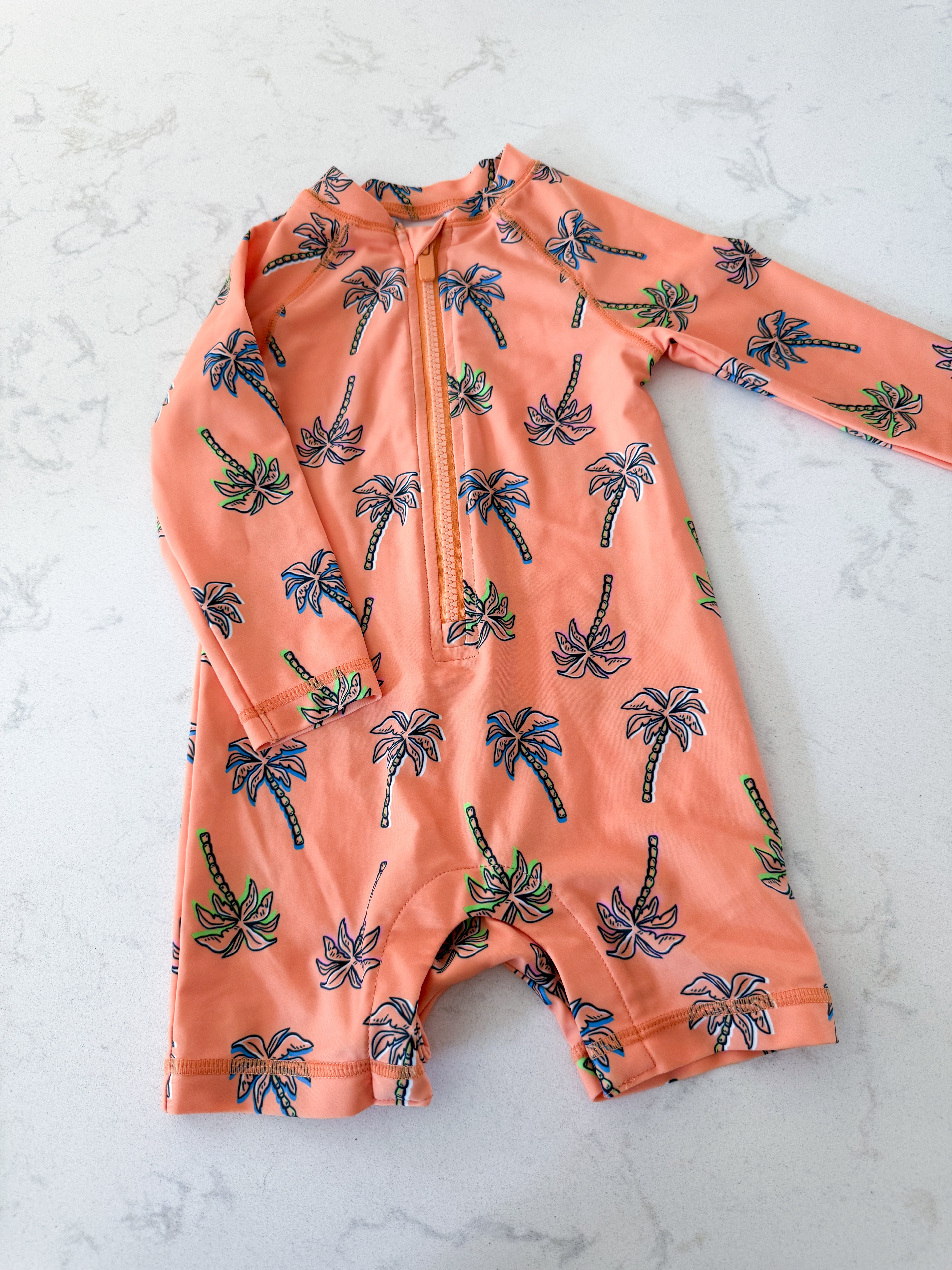 Old Navy- 18-24m- VGUC- orange swim suit with palm trees