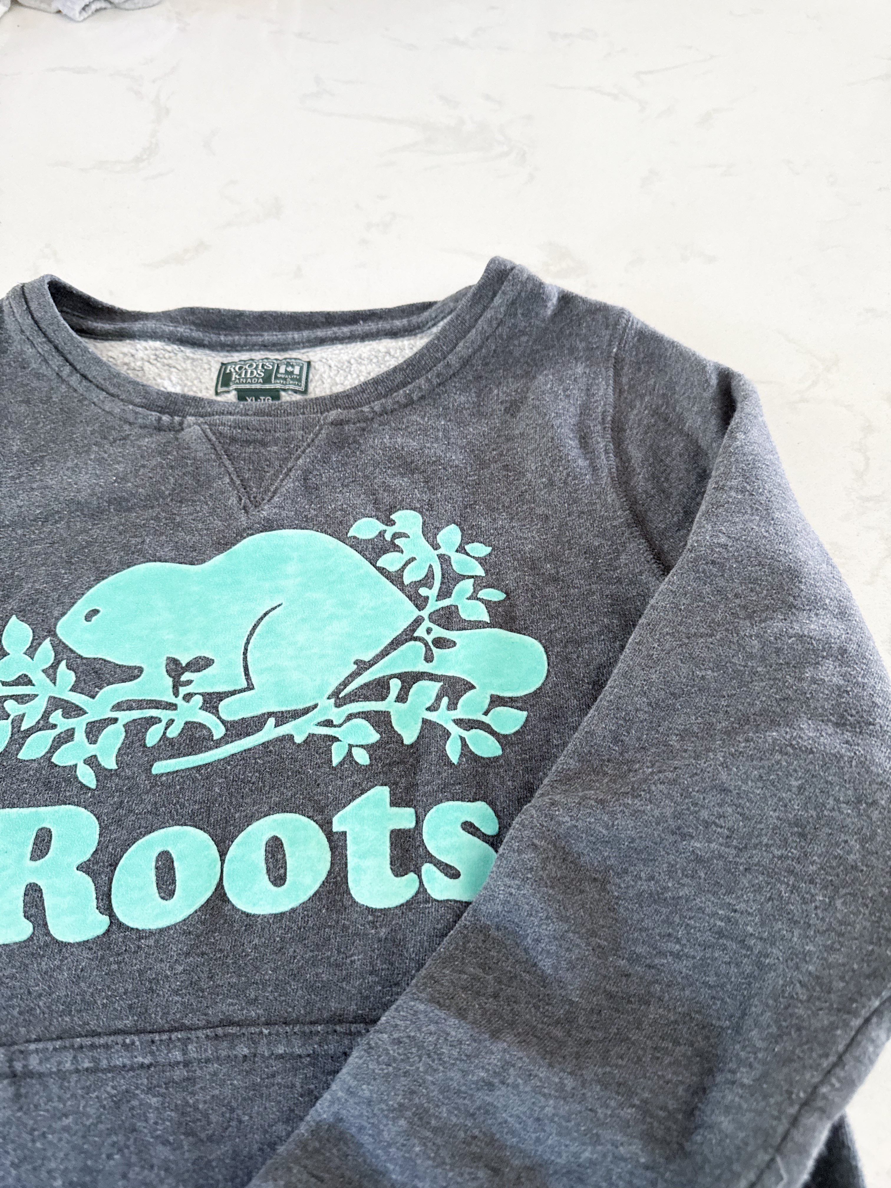 Roots- 11-12Y- GUC- grey crewneck with aqua logo