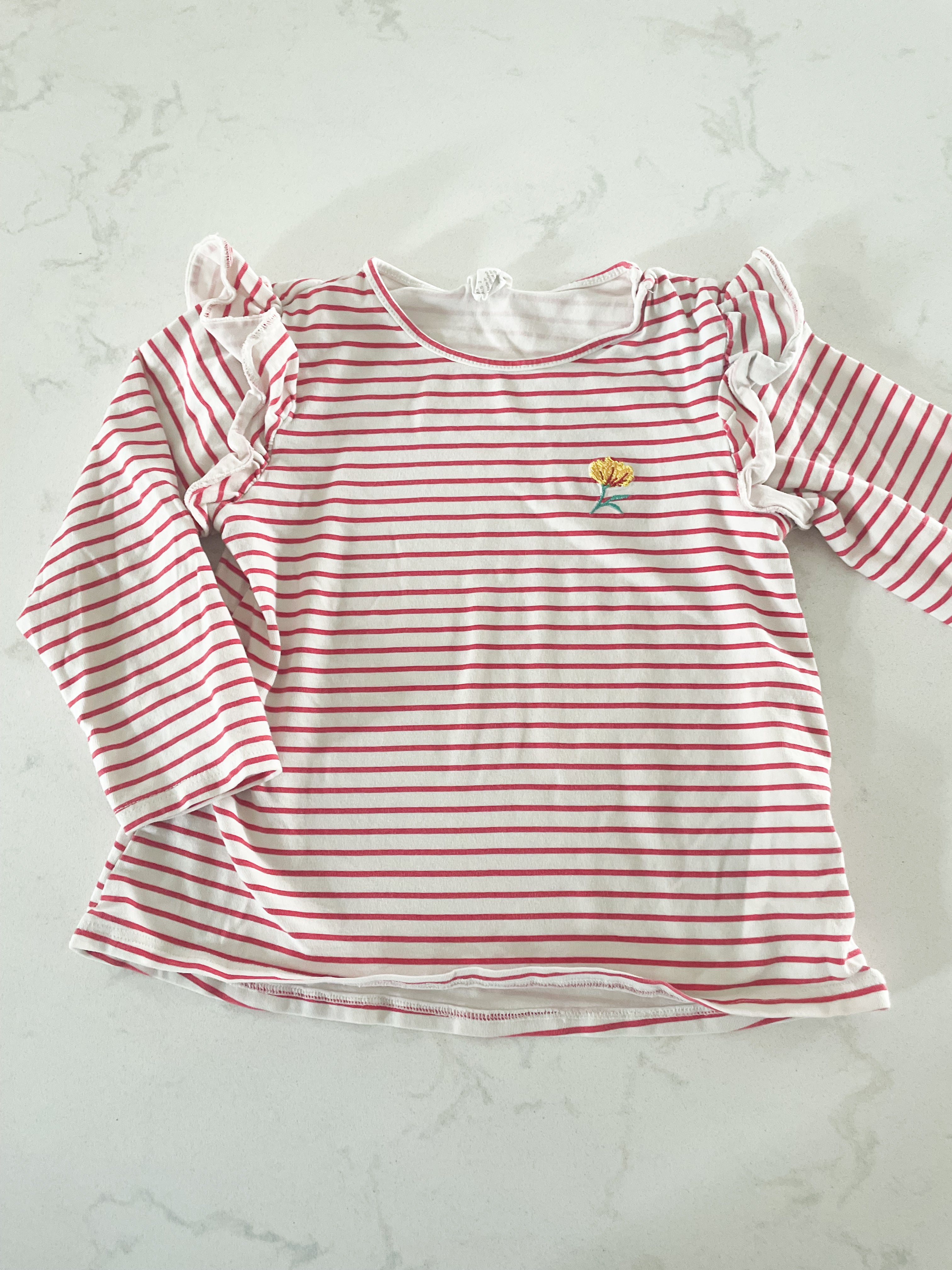 H&M-18-24m-VGUC-red and white striped long sleeve shirt with embroidered flower