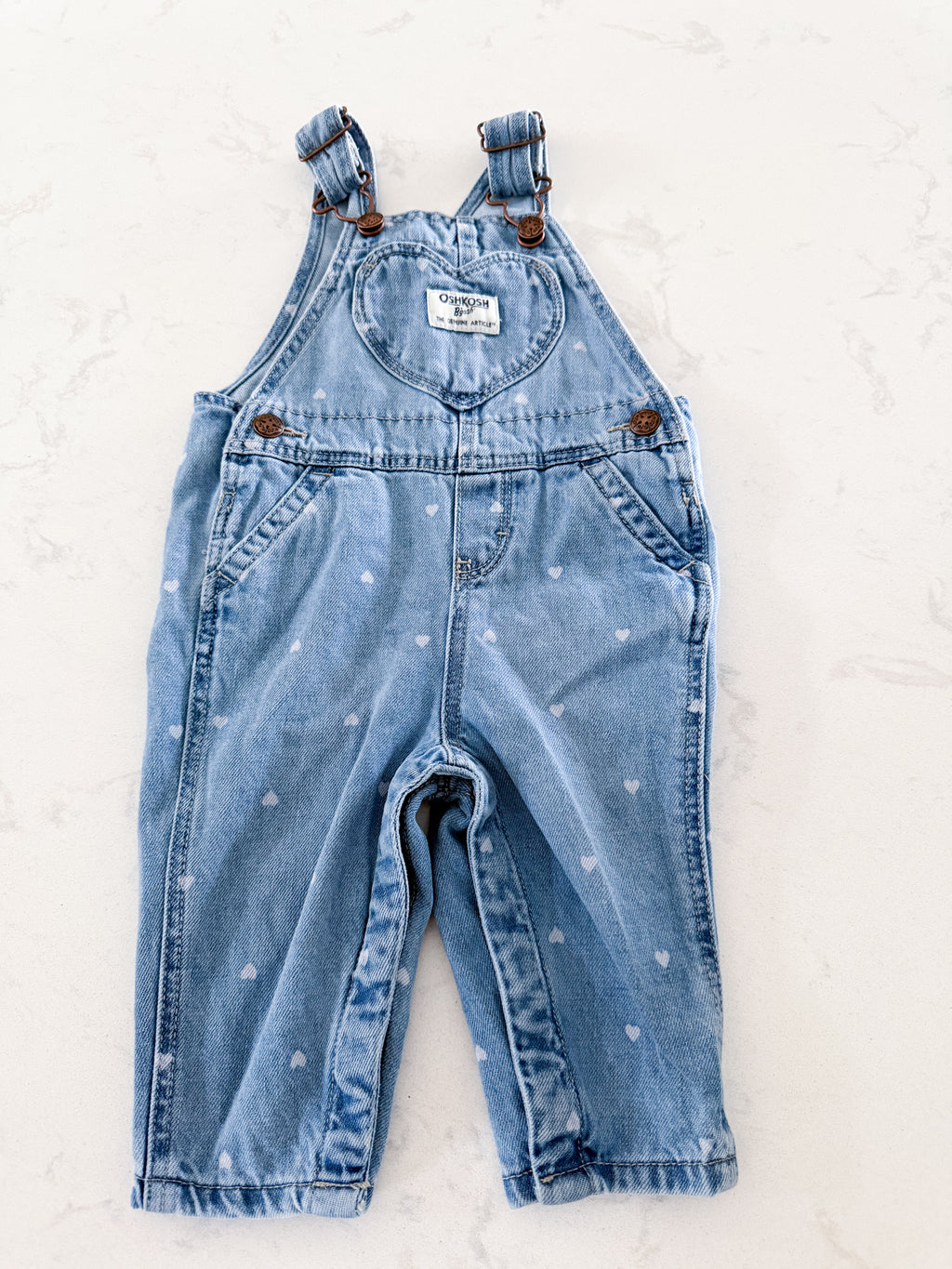 Oshkosh- 6m- VGUC- Jean overalls with tiny whitewash hearts