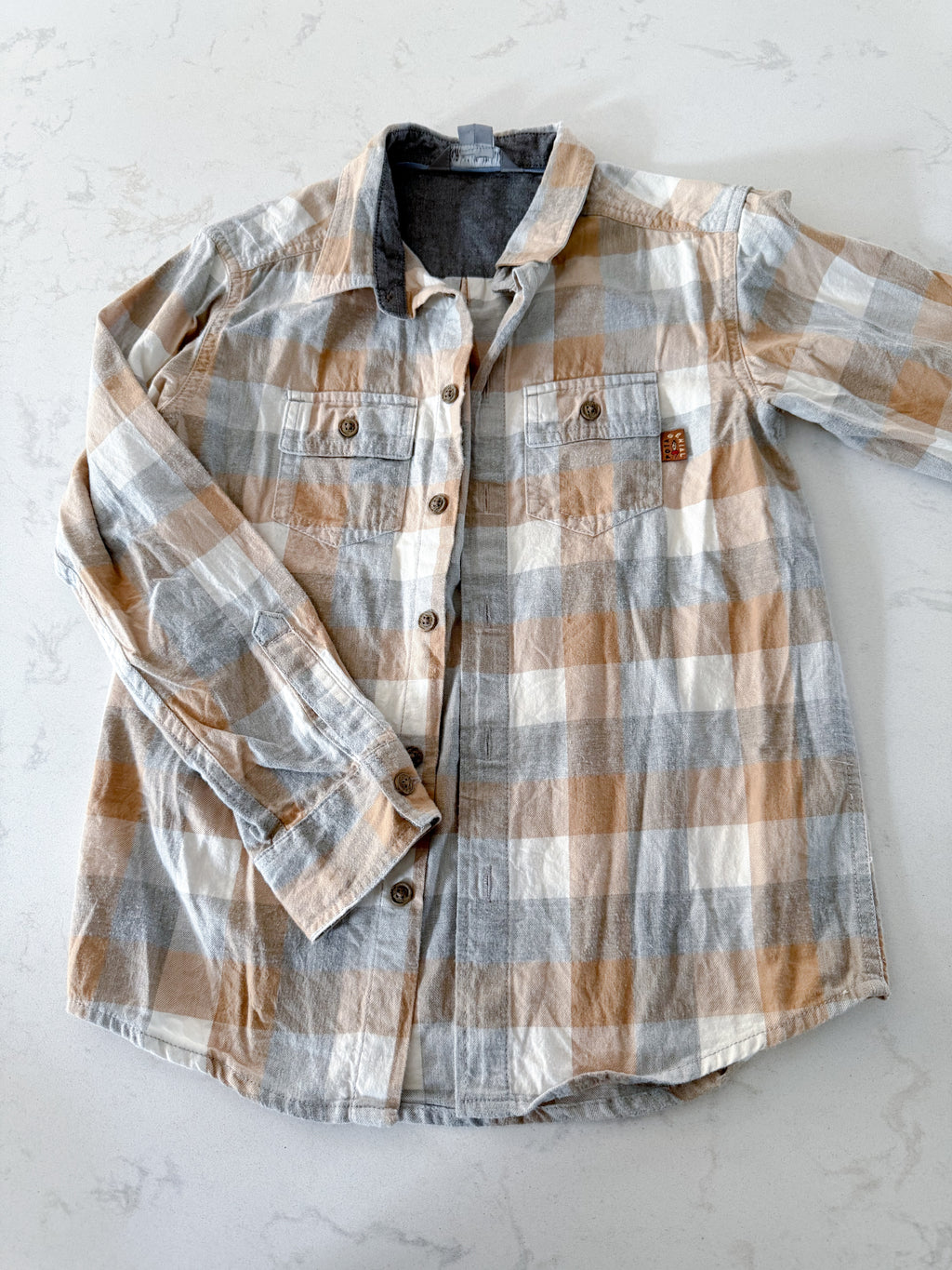Souris Mini- 8Y- GUC- Brown and grey plaid button up