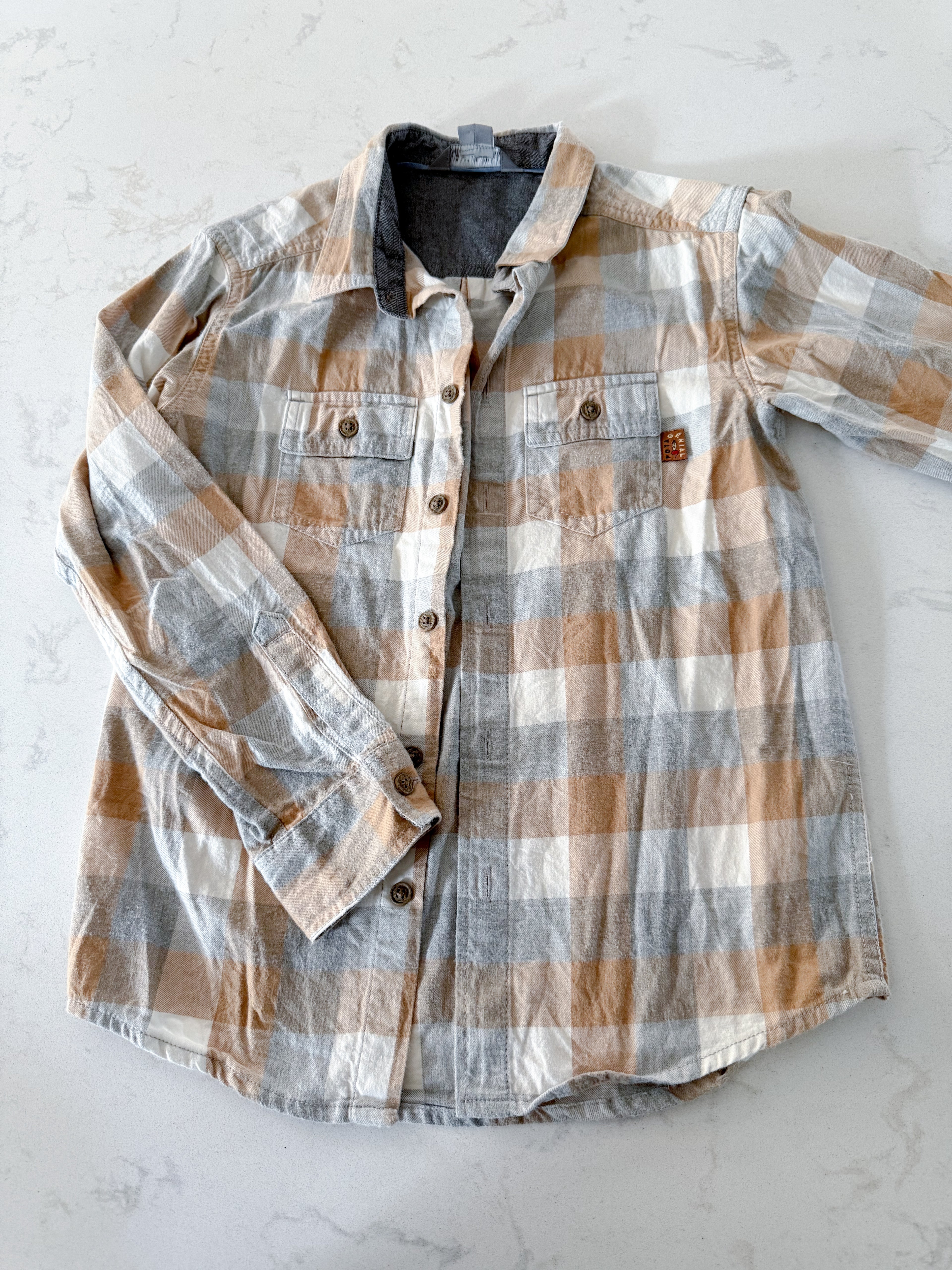 Souris Mini- 8Y- GUC- Brown and grey plaid button up