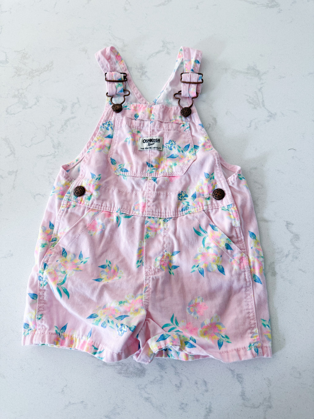Oshkosh- 2T- VGUC- light pink short overalls with bright florals