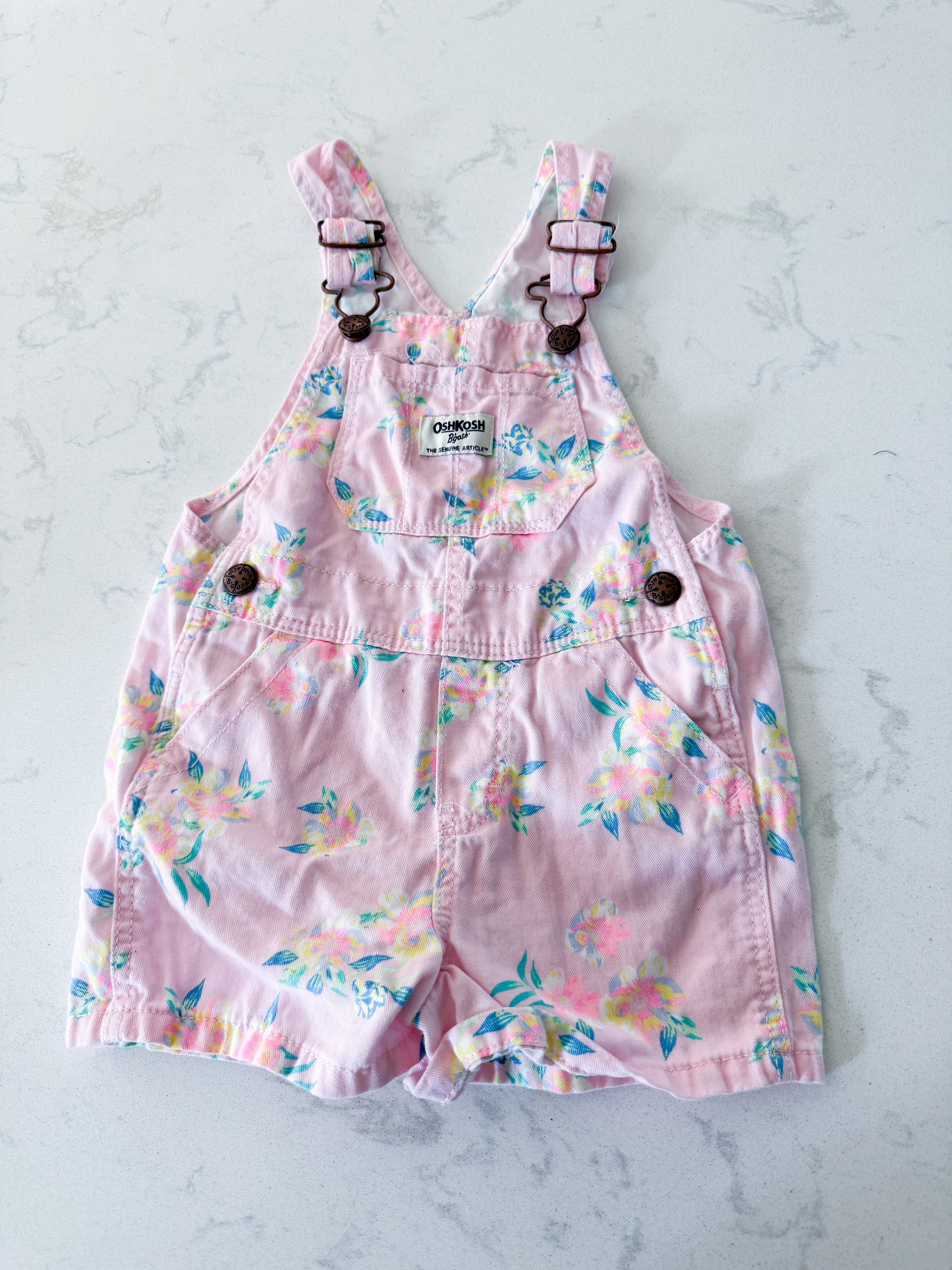 Oshkosh- 2T- VGUC- light pink short overalls with bright florals