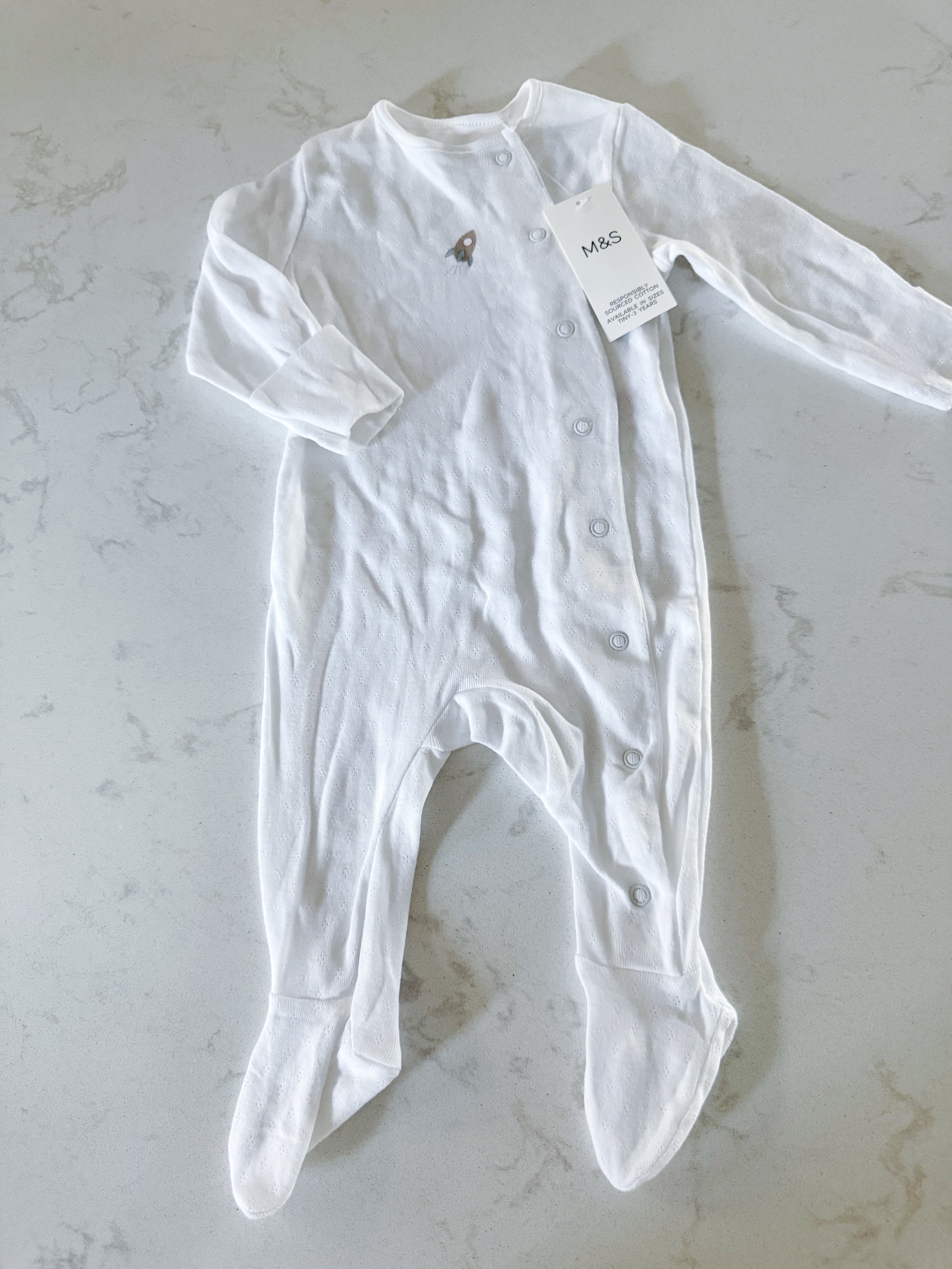 M&S-3-6m- BNWT- white footie pajamas with beige rocket ship