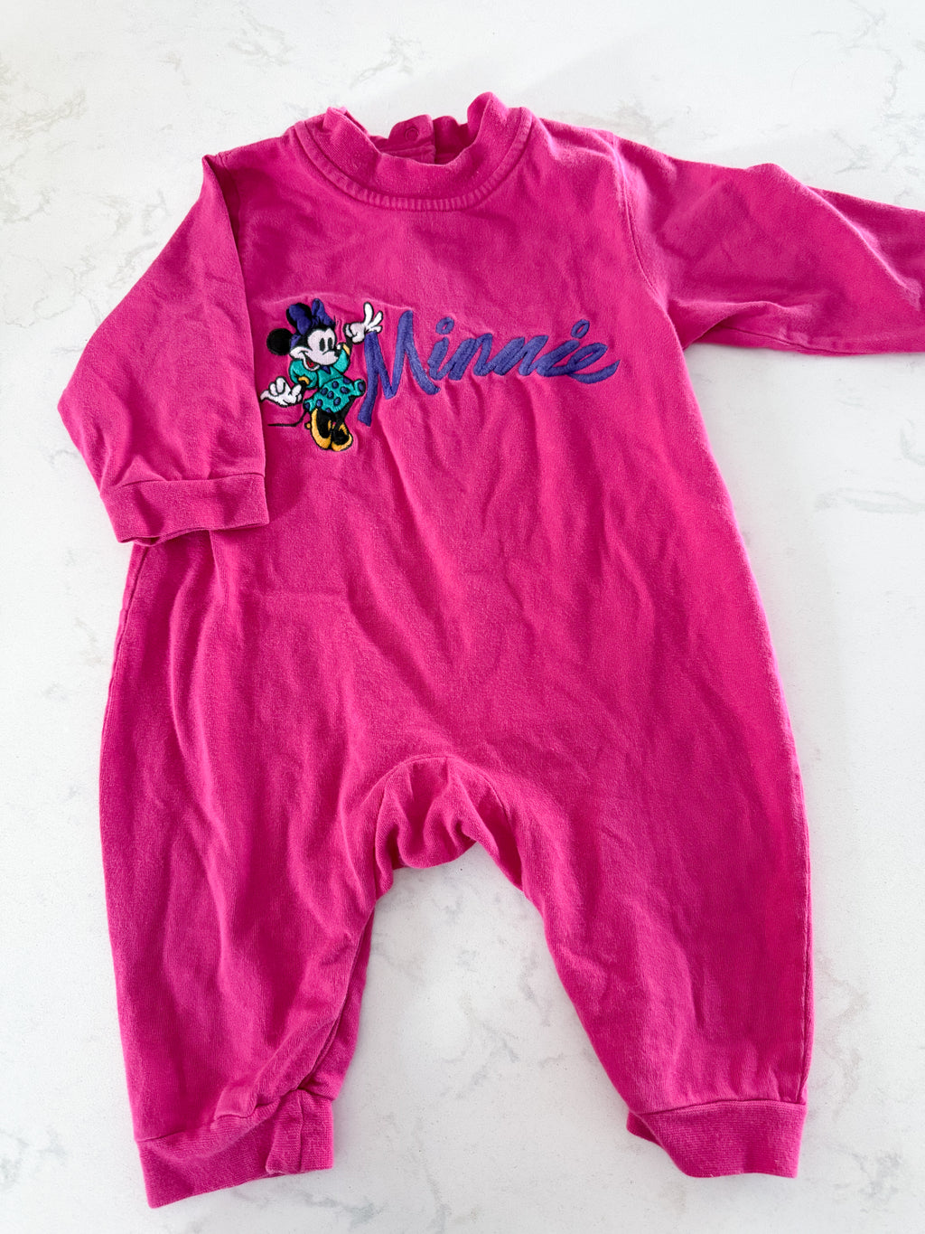 The Disney Store (2005)- 12m- GUC- pink romper with embroidered Minnie Mouse