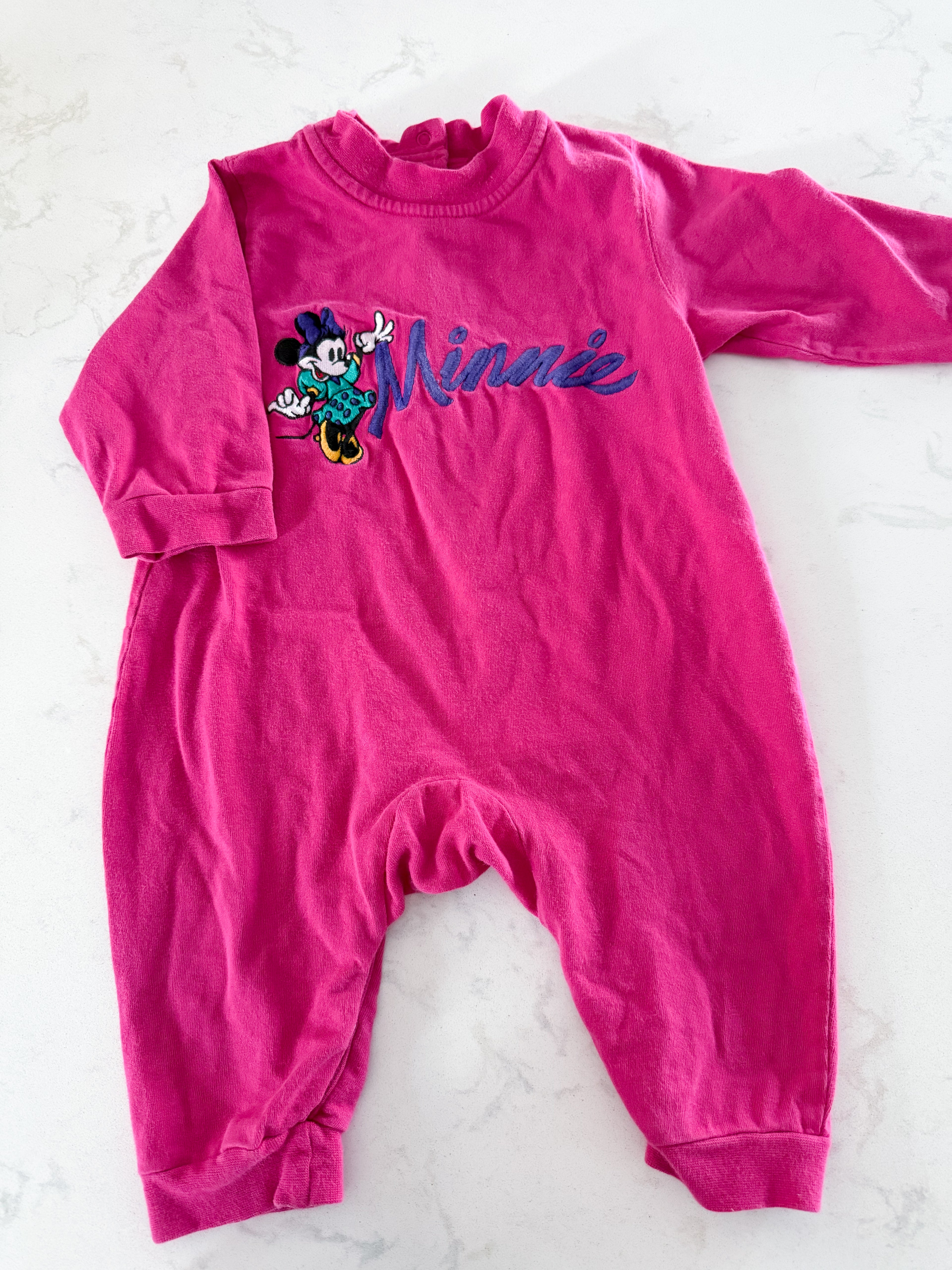 The Disney Store (2005)- 12m- GUC- pink romper with embroidered Minnie Mouse