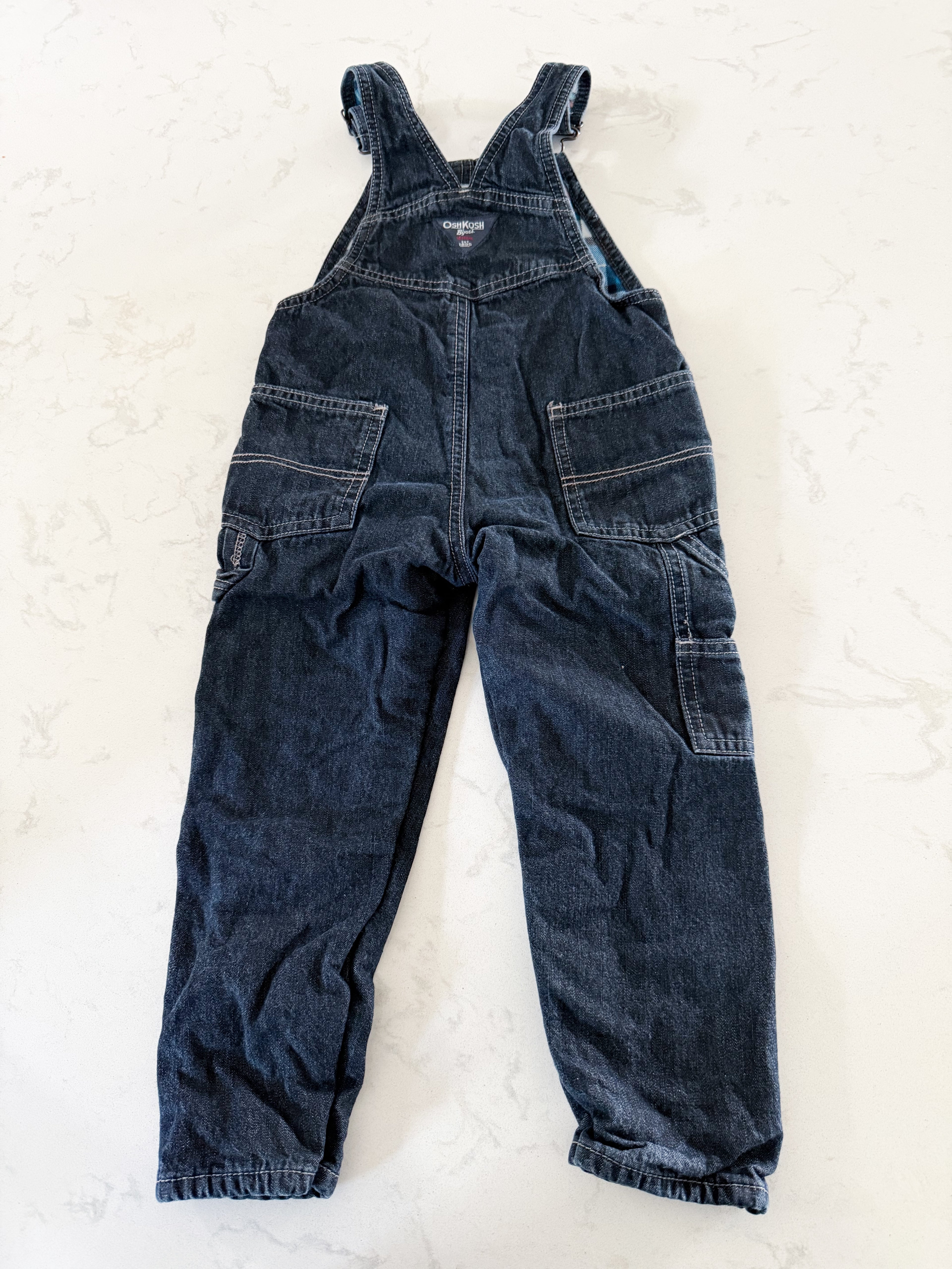 Oshkosh- 3T- GUC- jean overalls with flannel lining