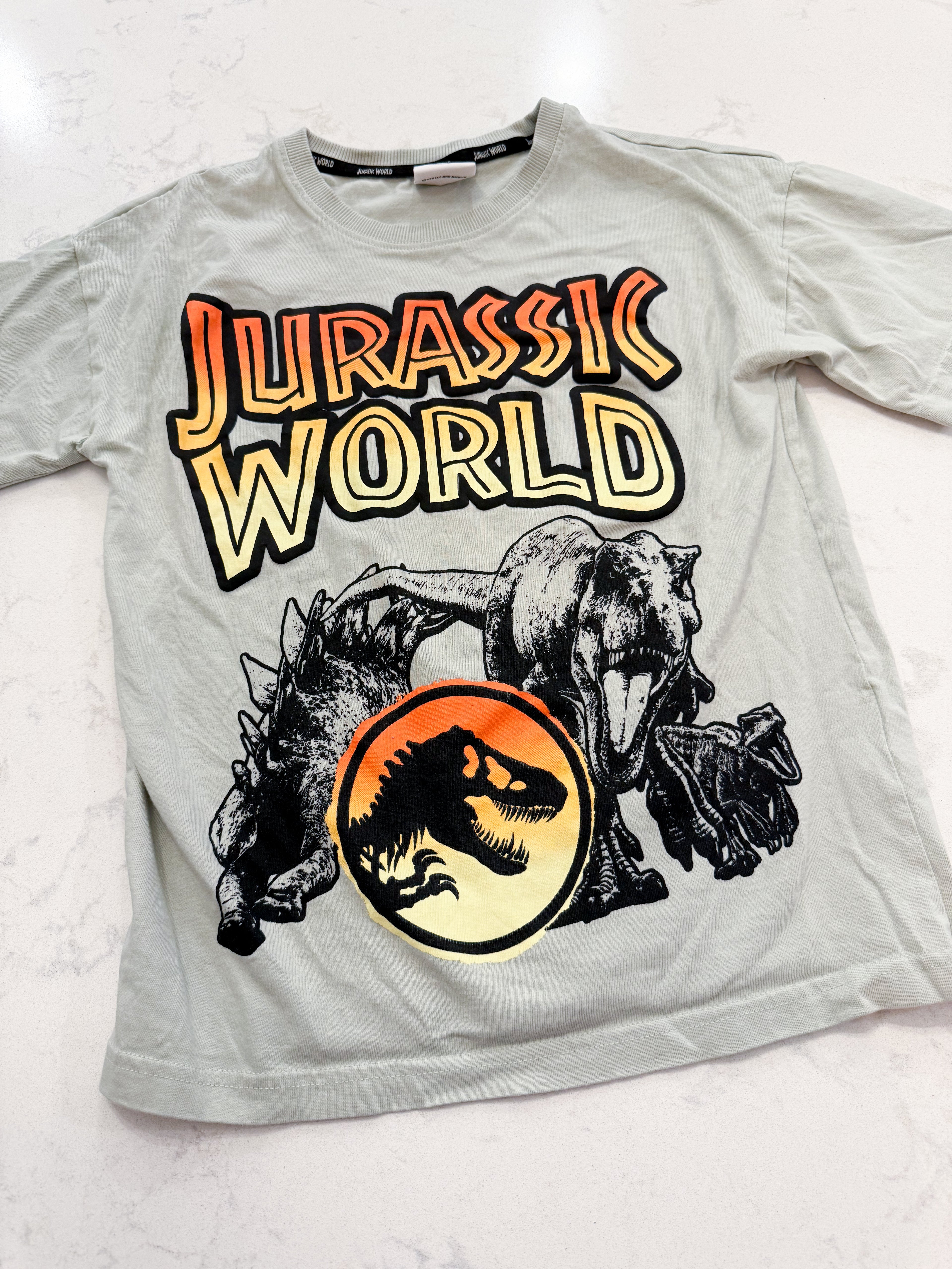 Jurassic World- 10-12Y- VGUC- light green t shirt with Jurassic World graphics