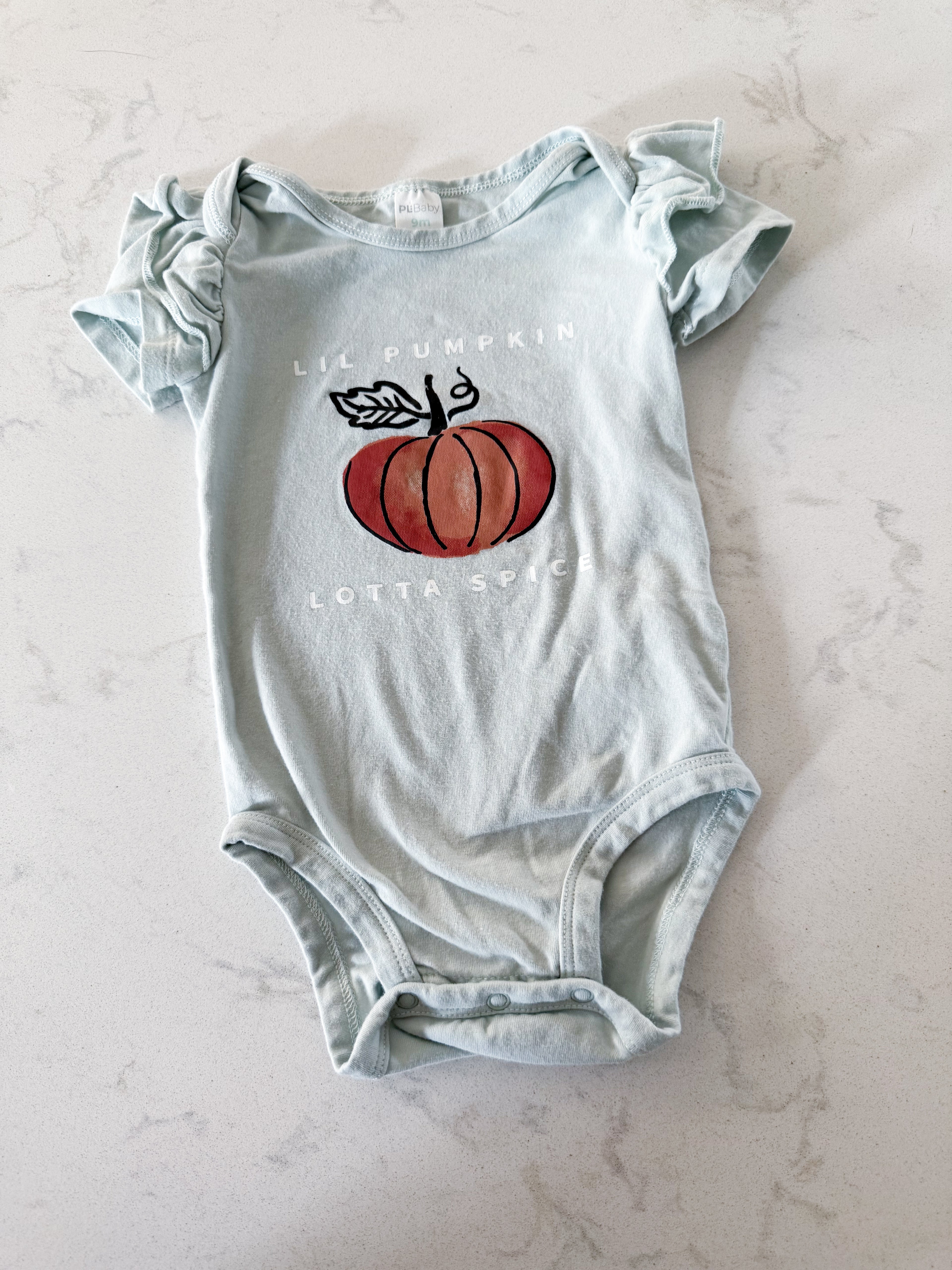 PL Baby- 9m- GUC- mint green bodysuit with pumpkin