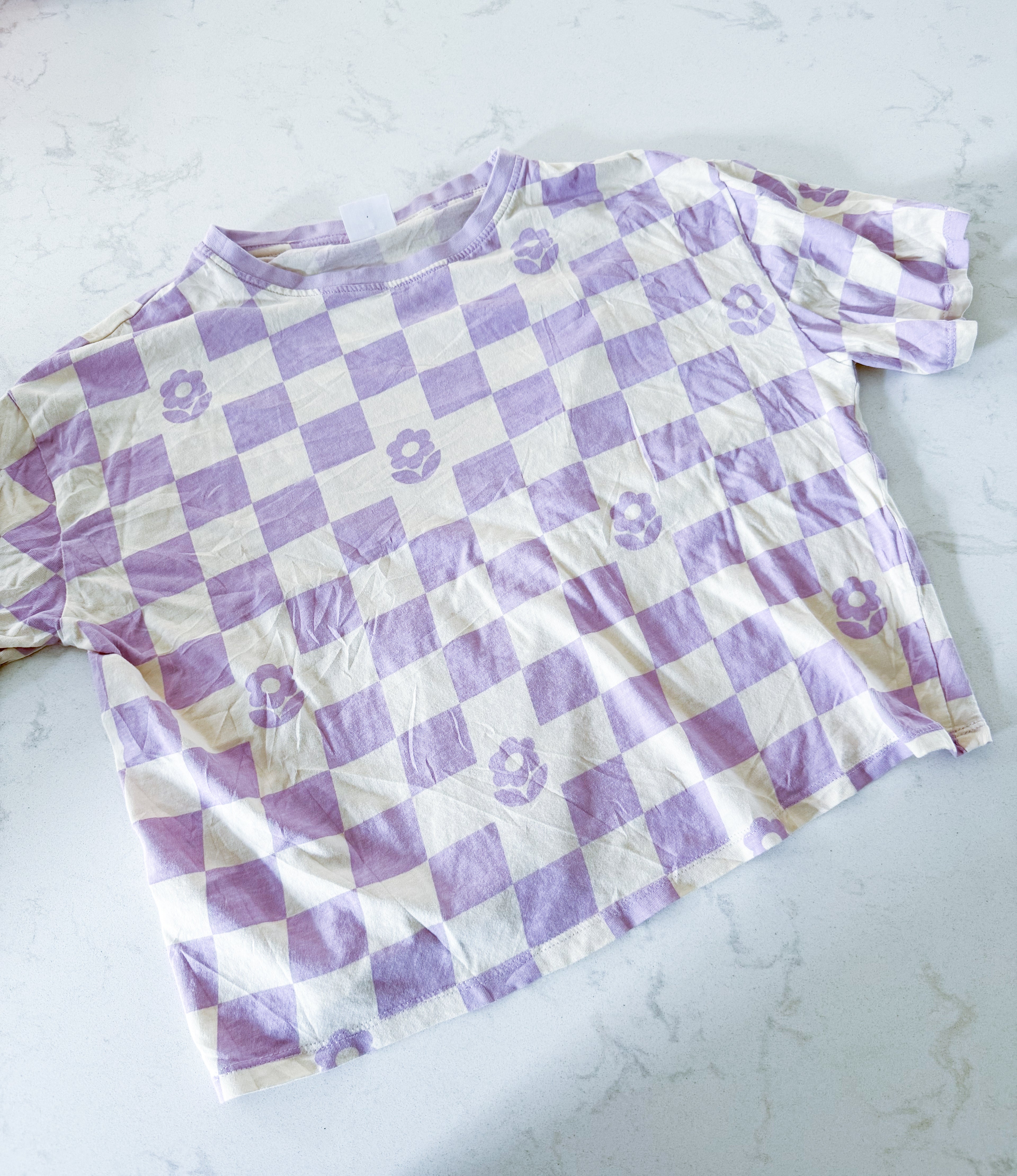 Zara- 13-14Y- VGUC- purple and cream coloured checkered short t shirt