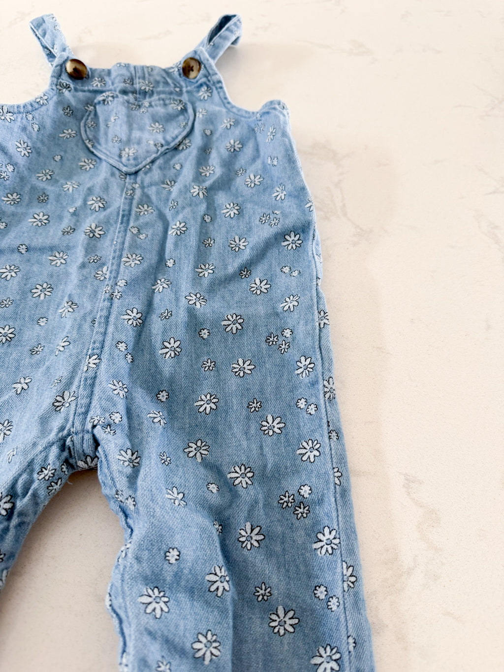 Old Navy- 12-18m- VGUC- thin Jean tank romper with floral pattern