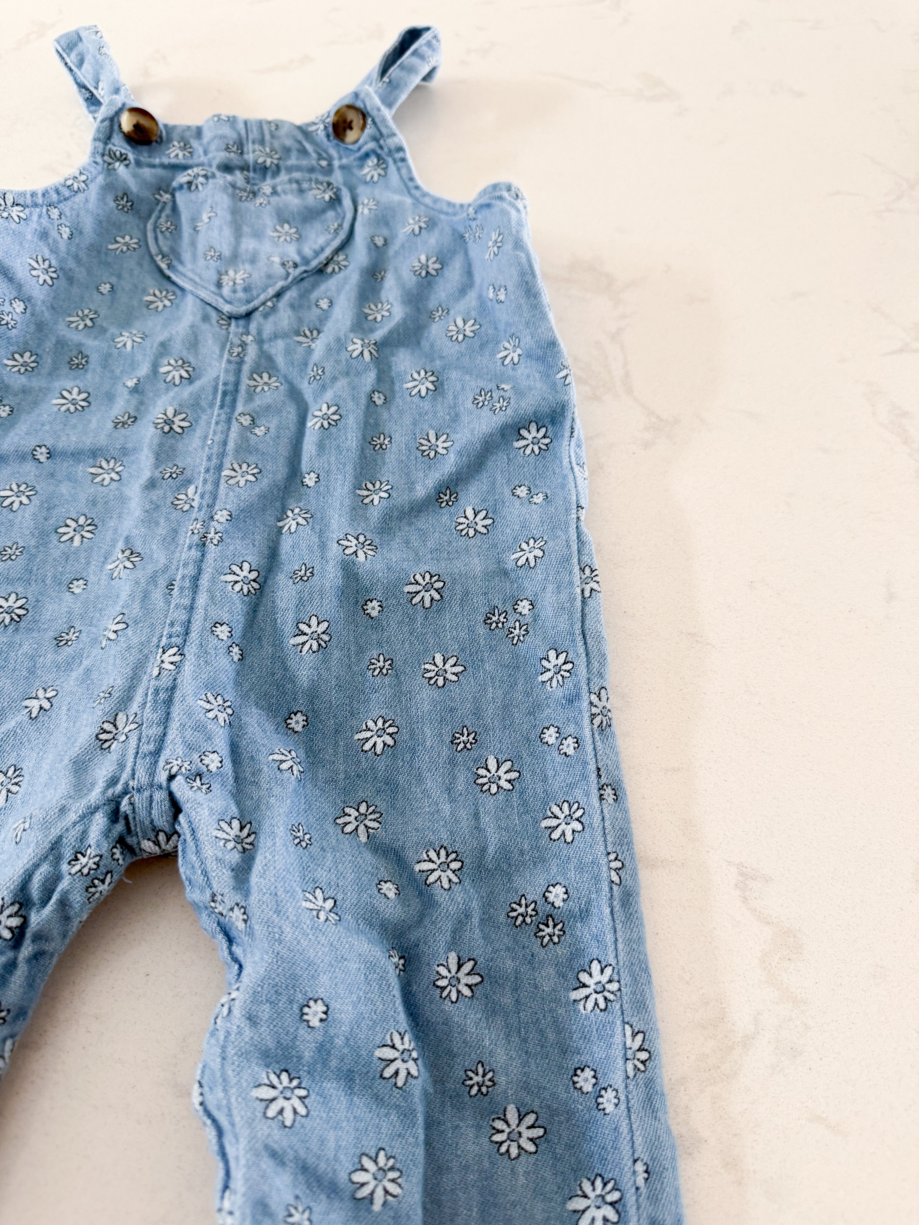 Old Navy- 12-18m- VGUC- thin Jean tank romper with floral pattern