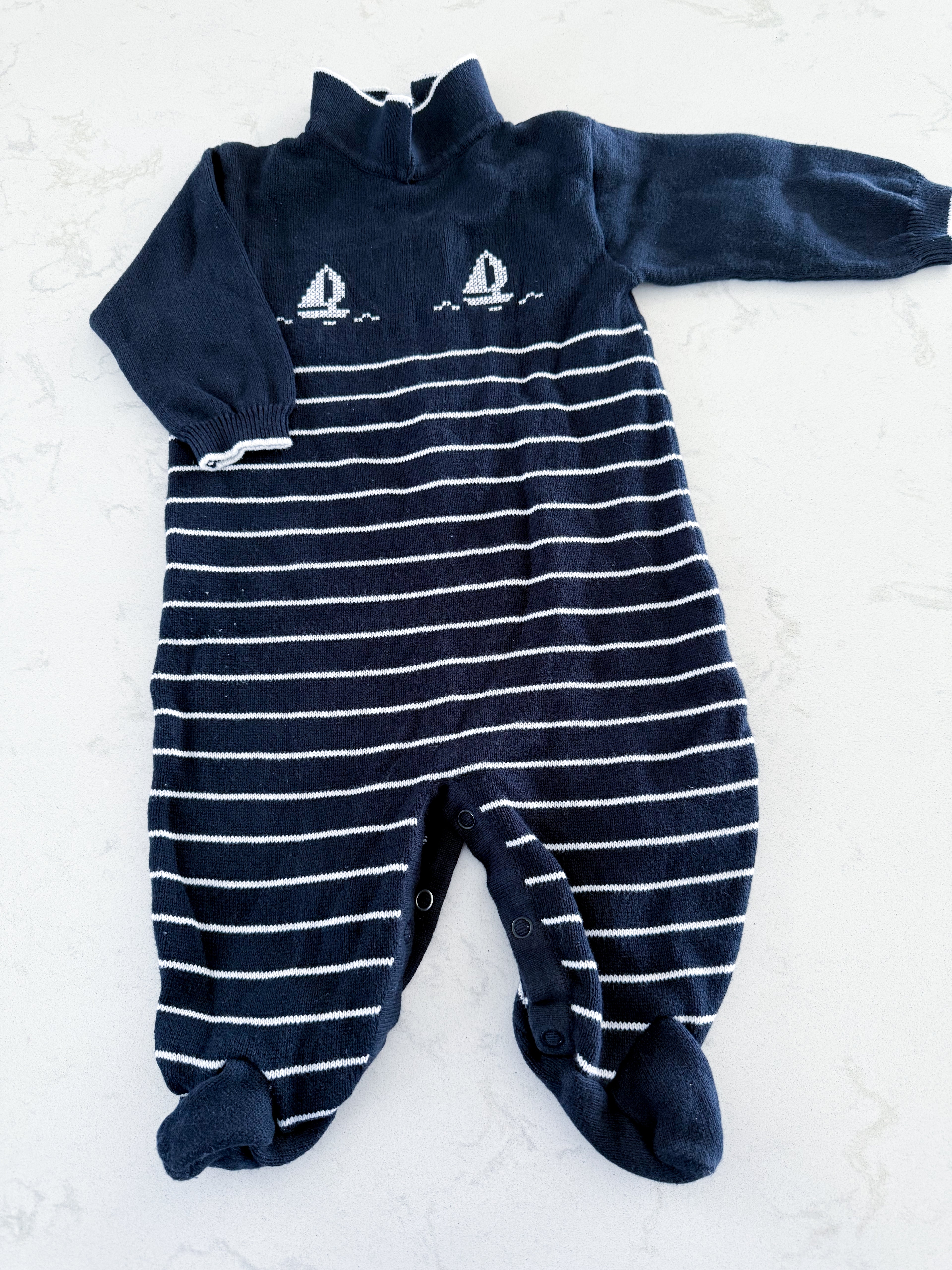 Classic Ka Boosh- fits 3-6m- VGUC- navy blue footed romper with white stripes and sailboats
