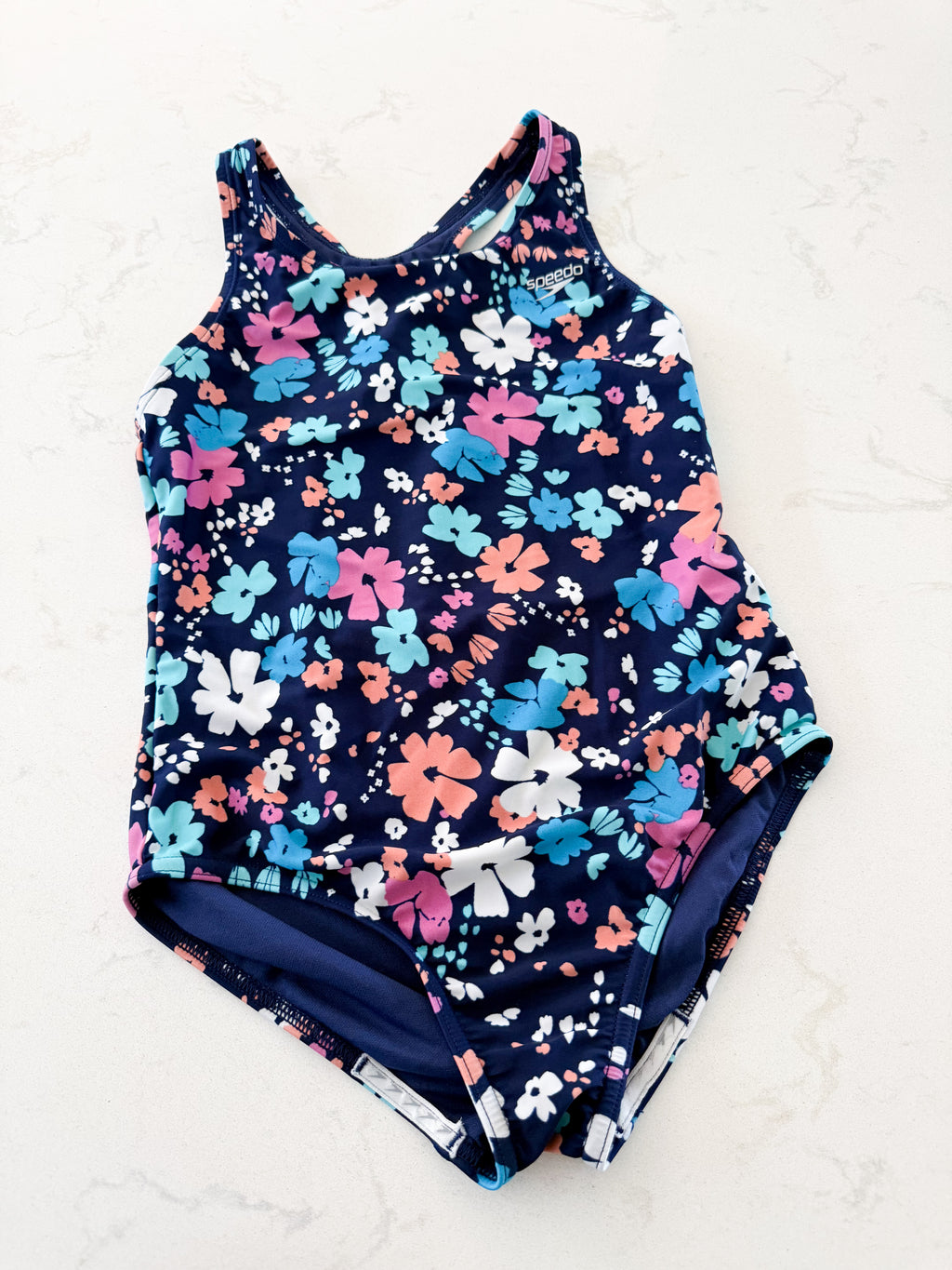Speedo- 14Y- VGUC- navy blue swim suit with pink orange and blue florals