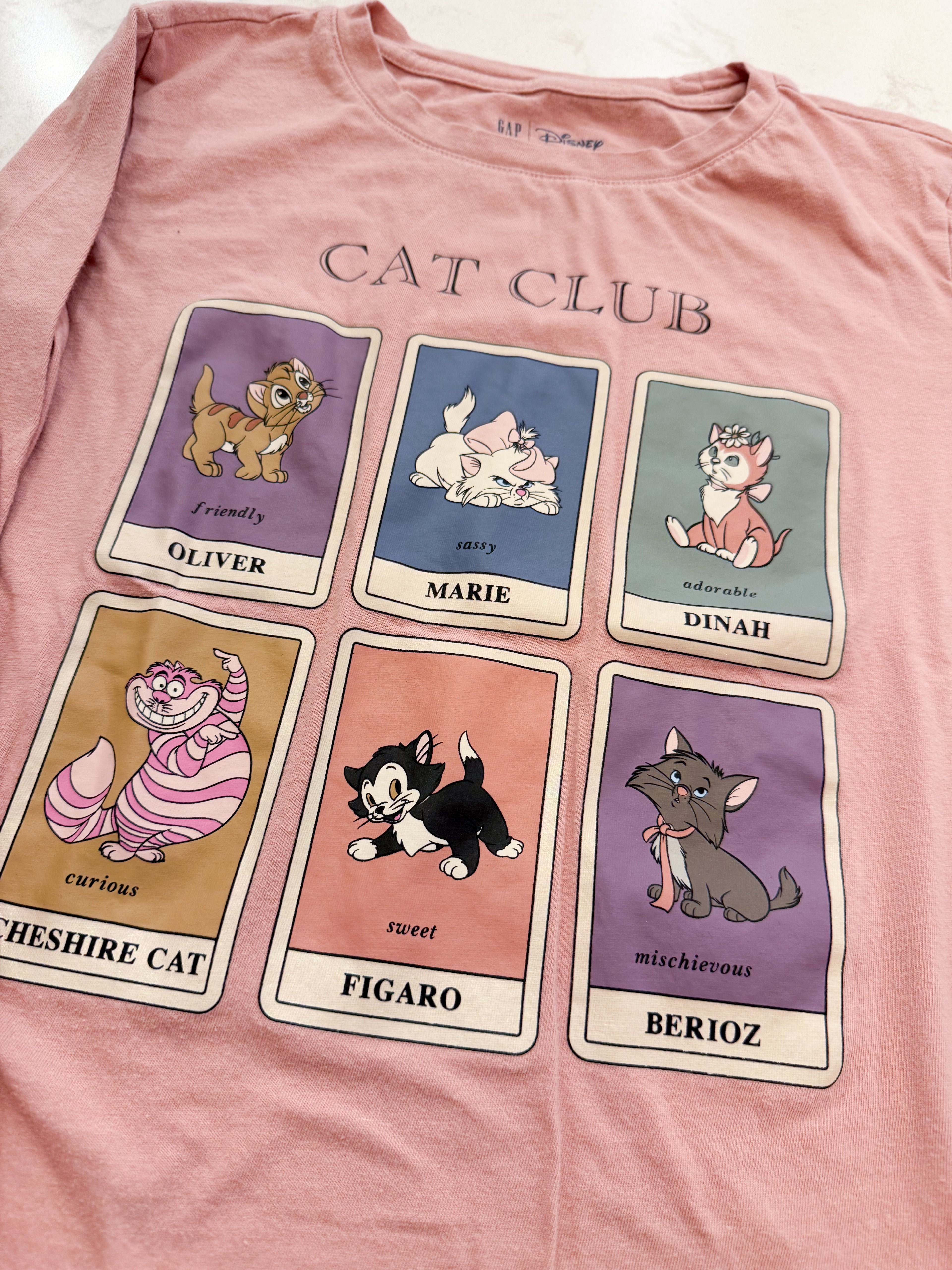 Gap Kids- XL (12-14Y)- GUC- long sleeve dusty pink shirt with Disney cats