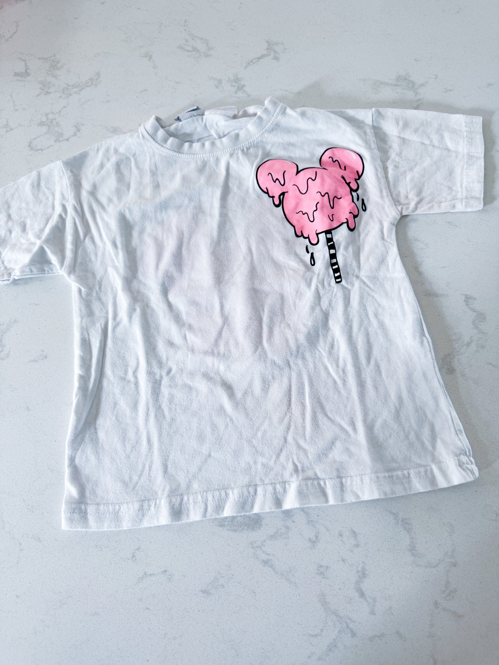 Zara- fits 4T- GUC- white t shirt with neon pink Mickey popsicle