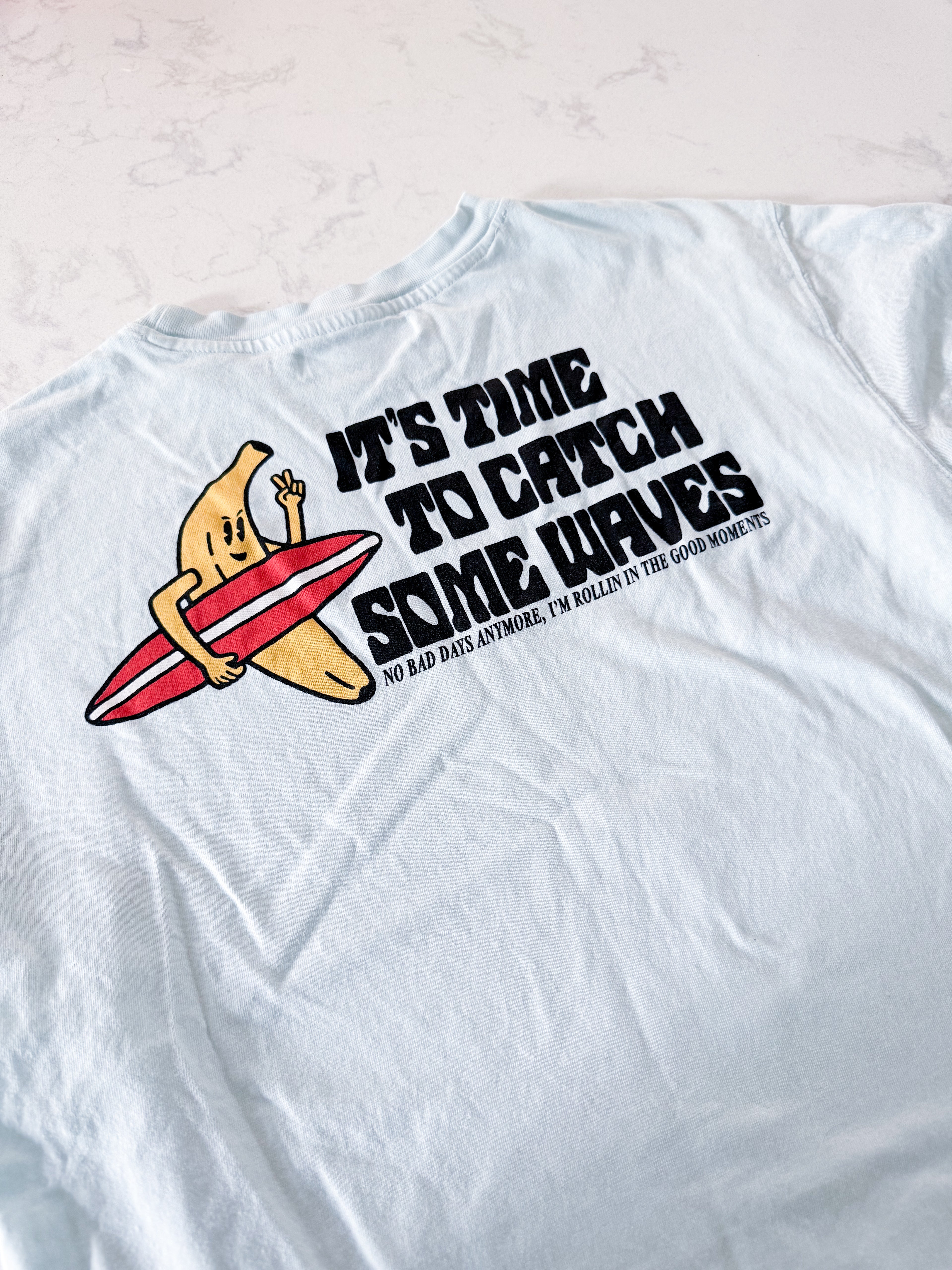 Zara- 9-10Y- PLAY- ice blue t shirt with banana surfing graphic