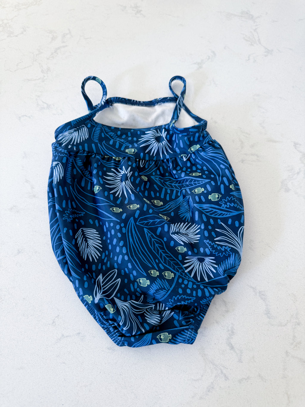 Carters- 6-9m- VGUC- dark blue tank swimsuit with sea life