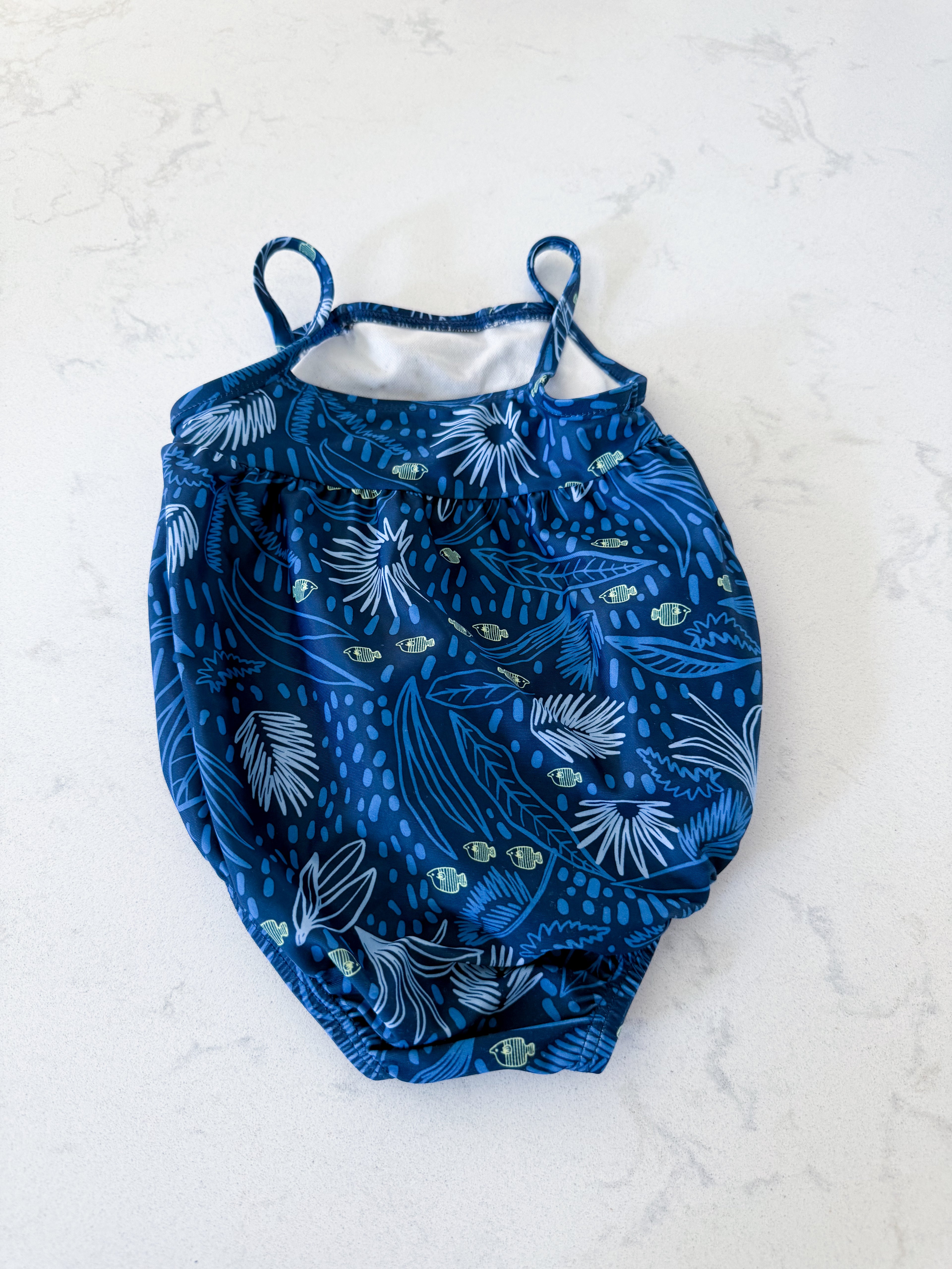 Carters- 6-9m- VGUC- dark blue tank swimsuit with sea life