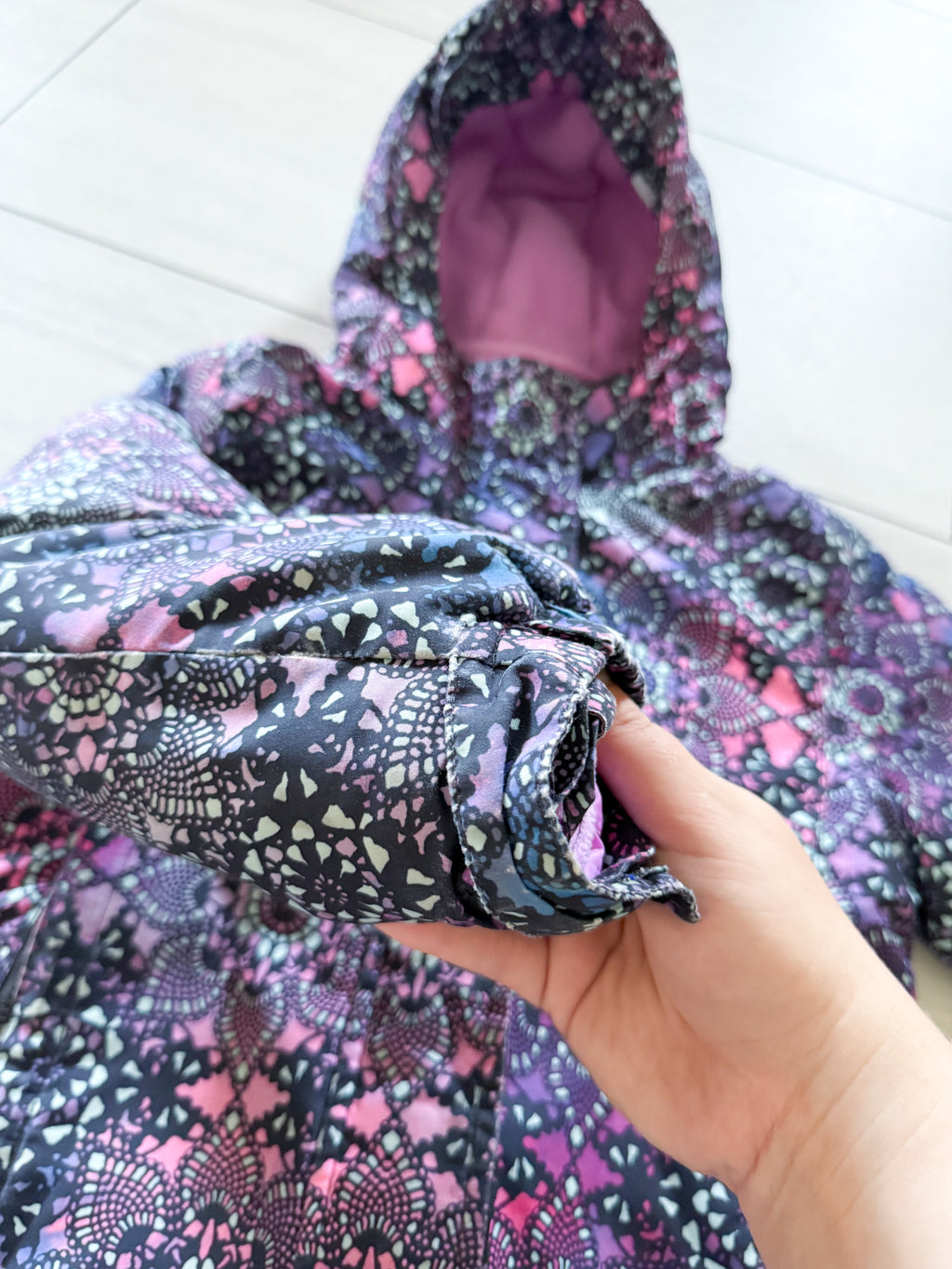 The Children’s Place- 5-6Y- GUC- purple patterned multi layered coat