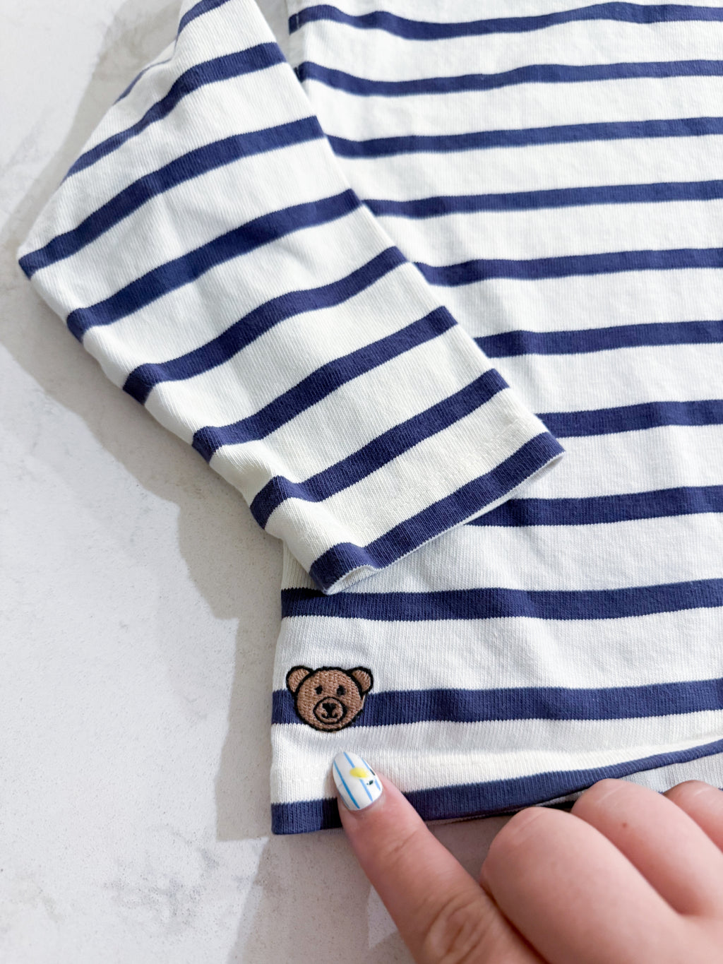 Zara- 3T- VGUC- blue and white striped long sleeve shirt with bear embroidered on hip