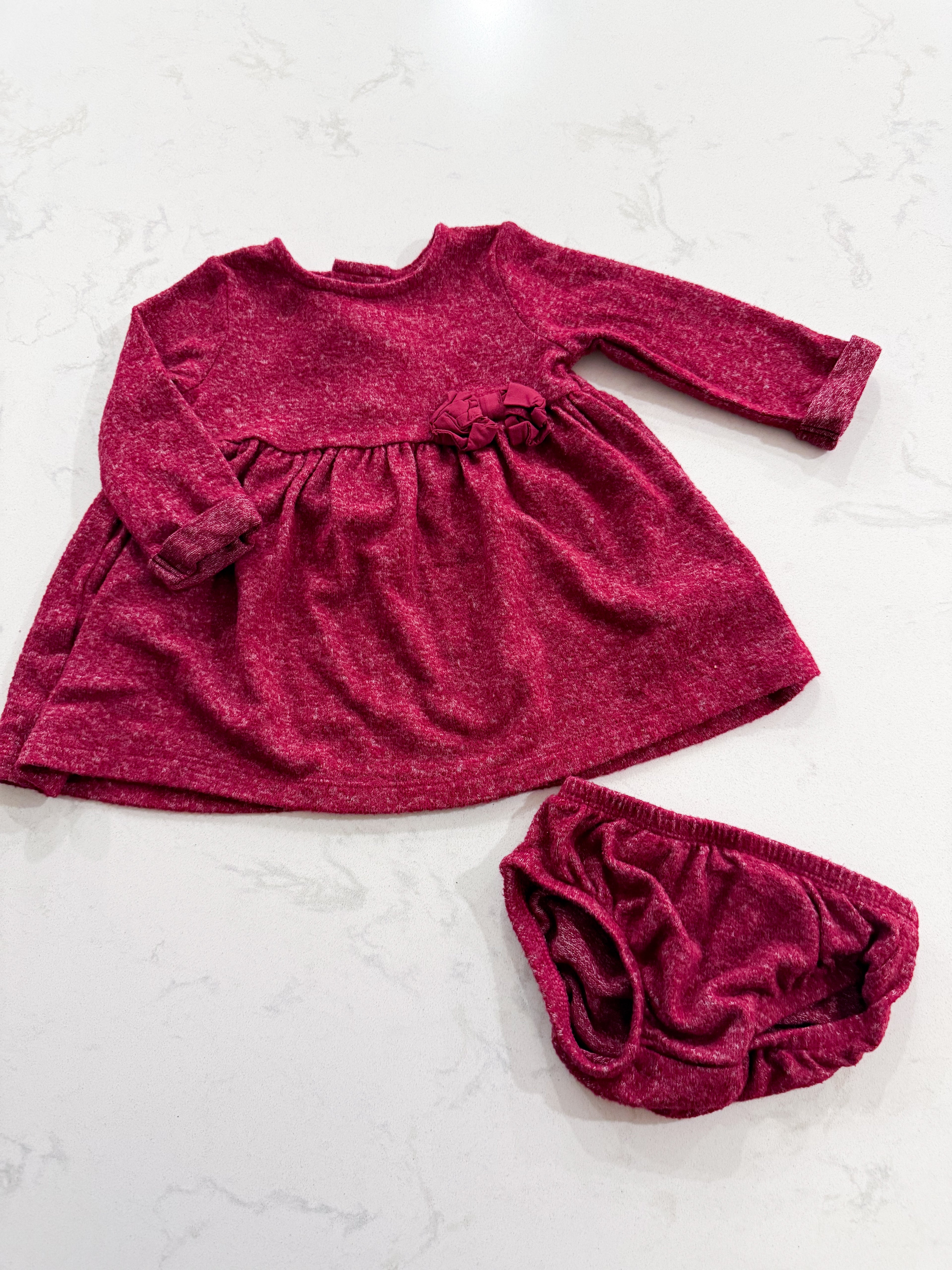 Carter’s- 3m- GUC- Berry red/pink long sleeve with bummies