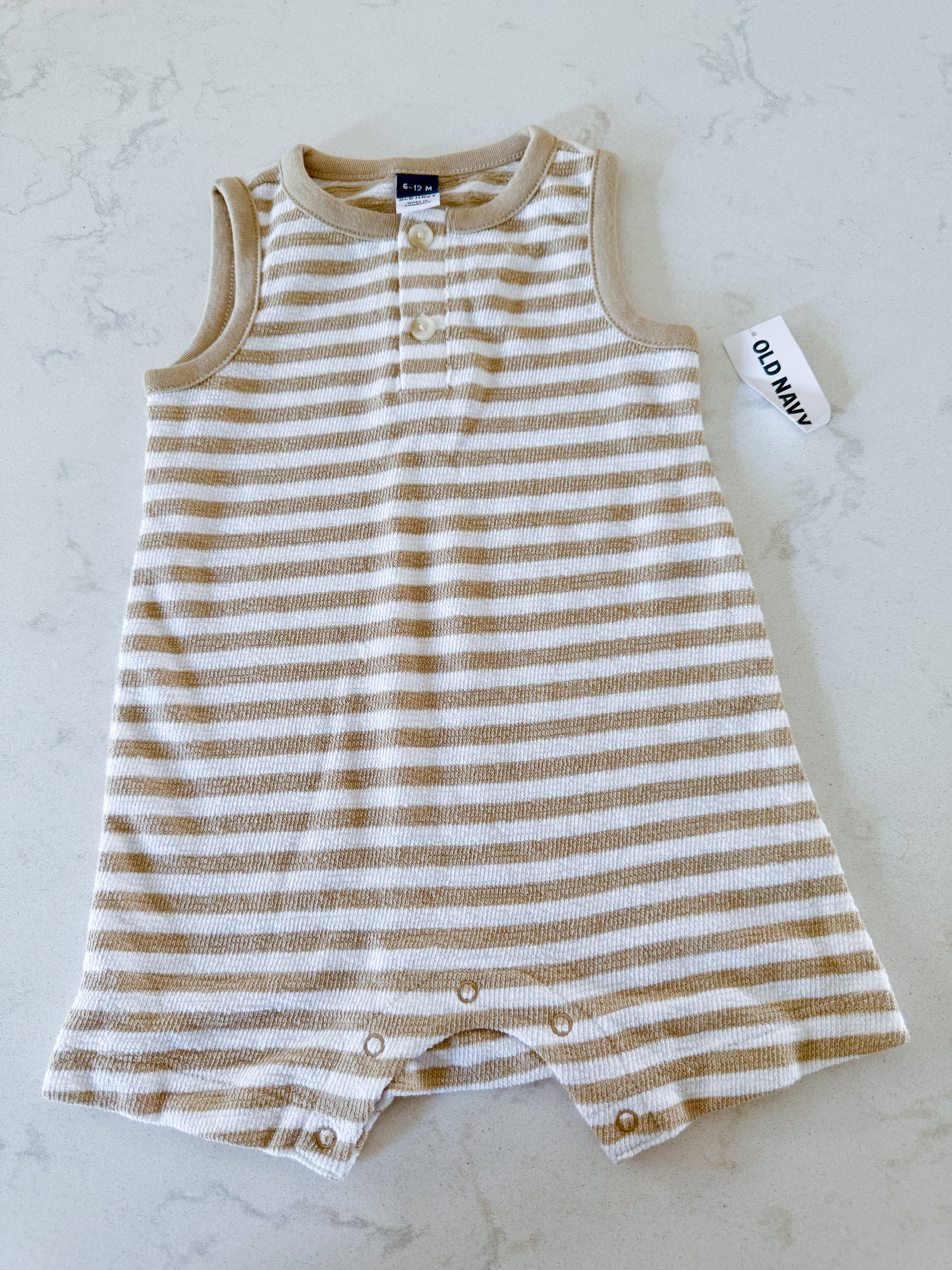 Old Navy- 6-12m- BNWT- beige and white striped tank romper