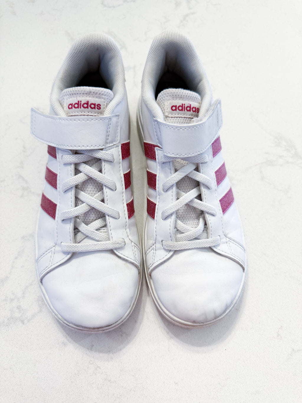 Adidas- 3Y- PLAY- white shoes with sparkly pink accents and Velcro strap