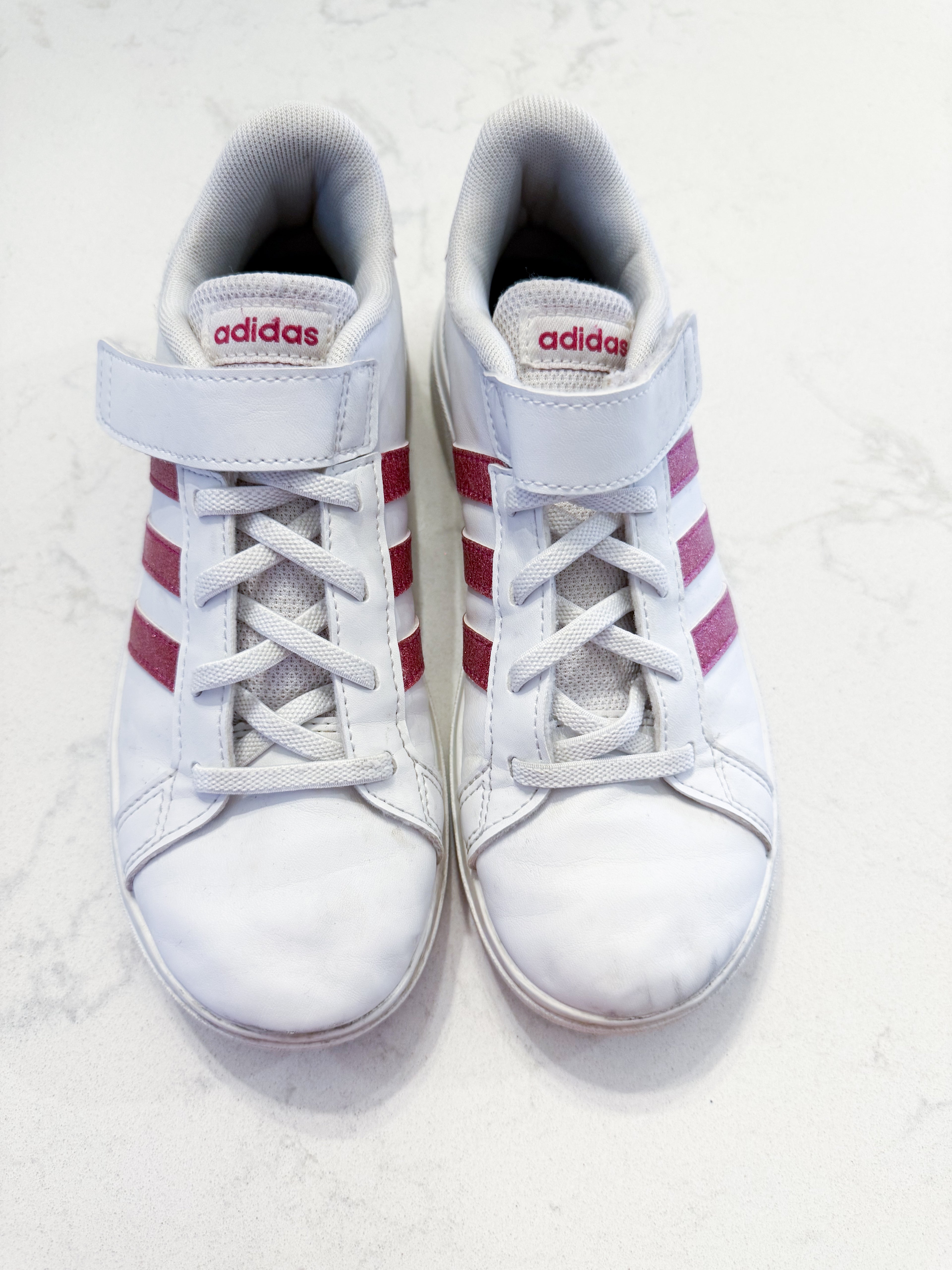 Adidas- 3Y- PLAY- white shoes with sparkly pink accents and Velcro strap
