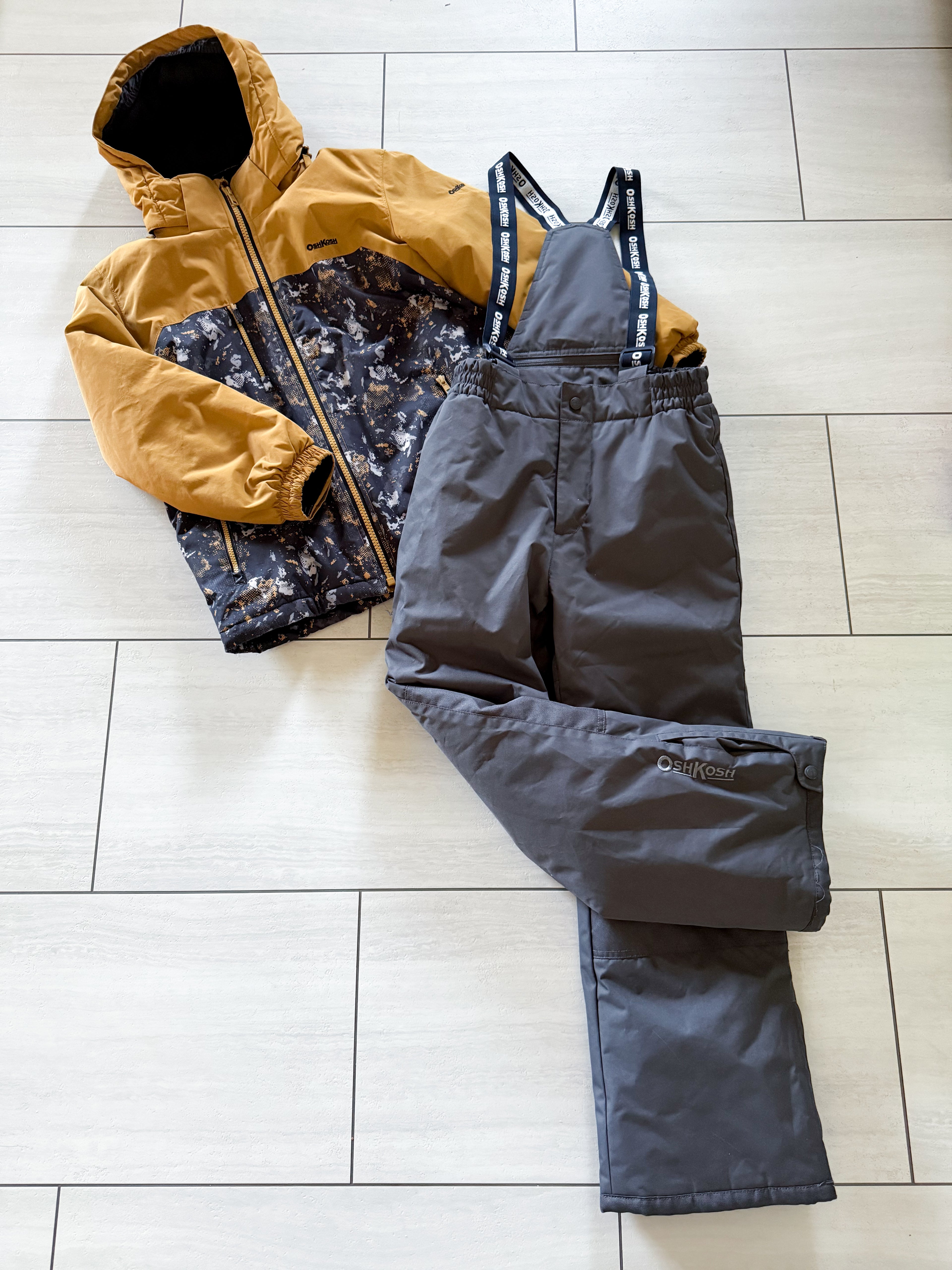 Oshkosh- 12Y- GUC- goldish Brown and grey two piece snowsuit