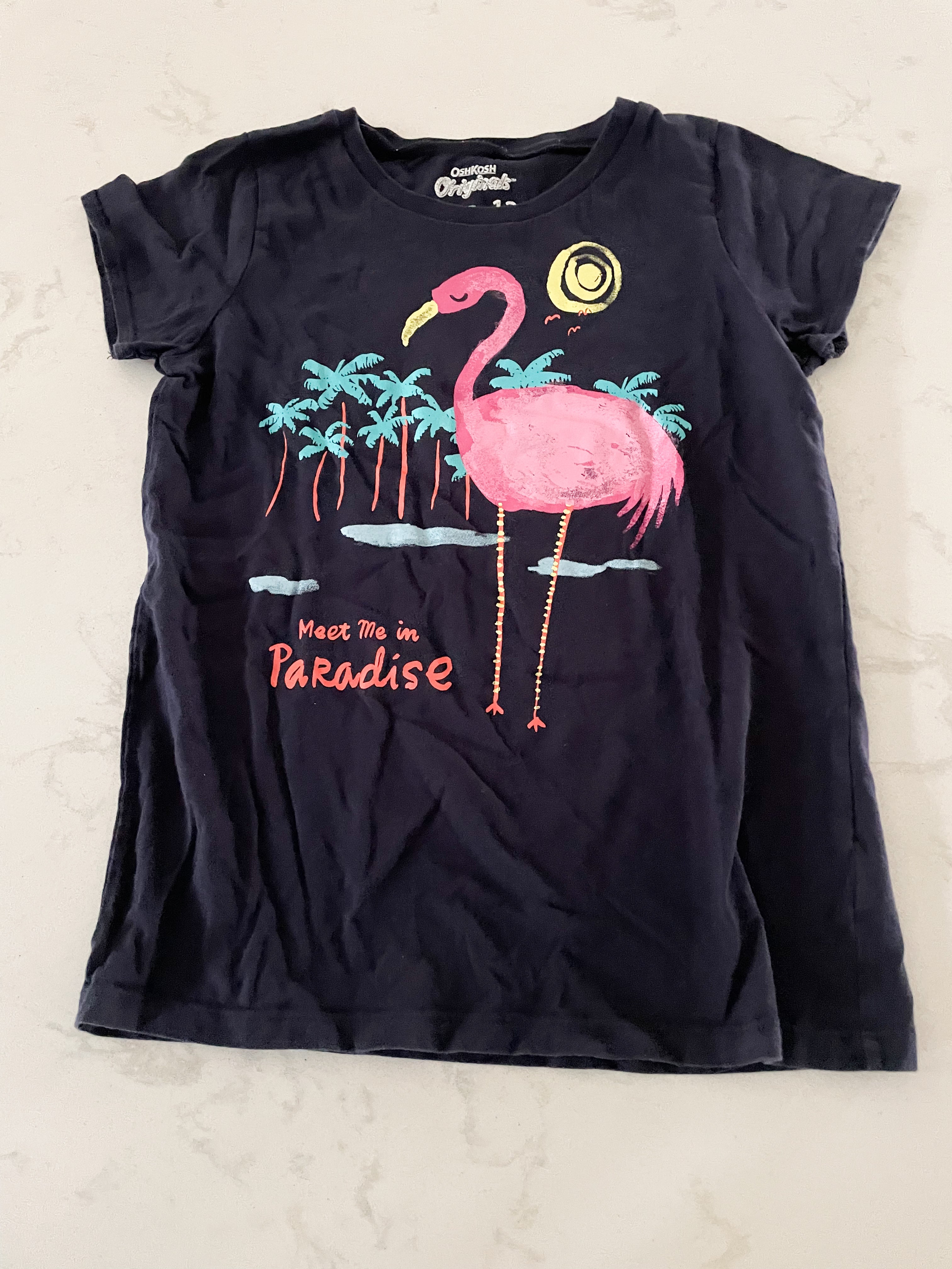 Oshkosh- 12Y- GUC- navy blue t shirt with flamingo
