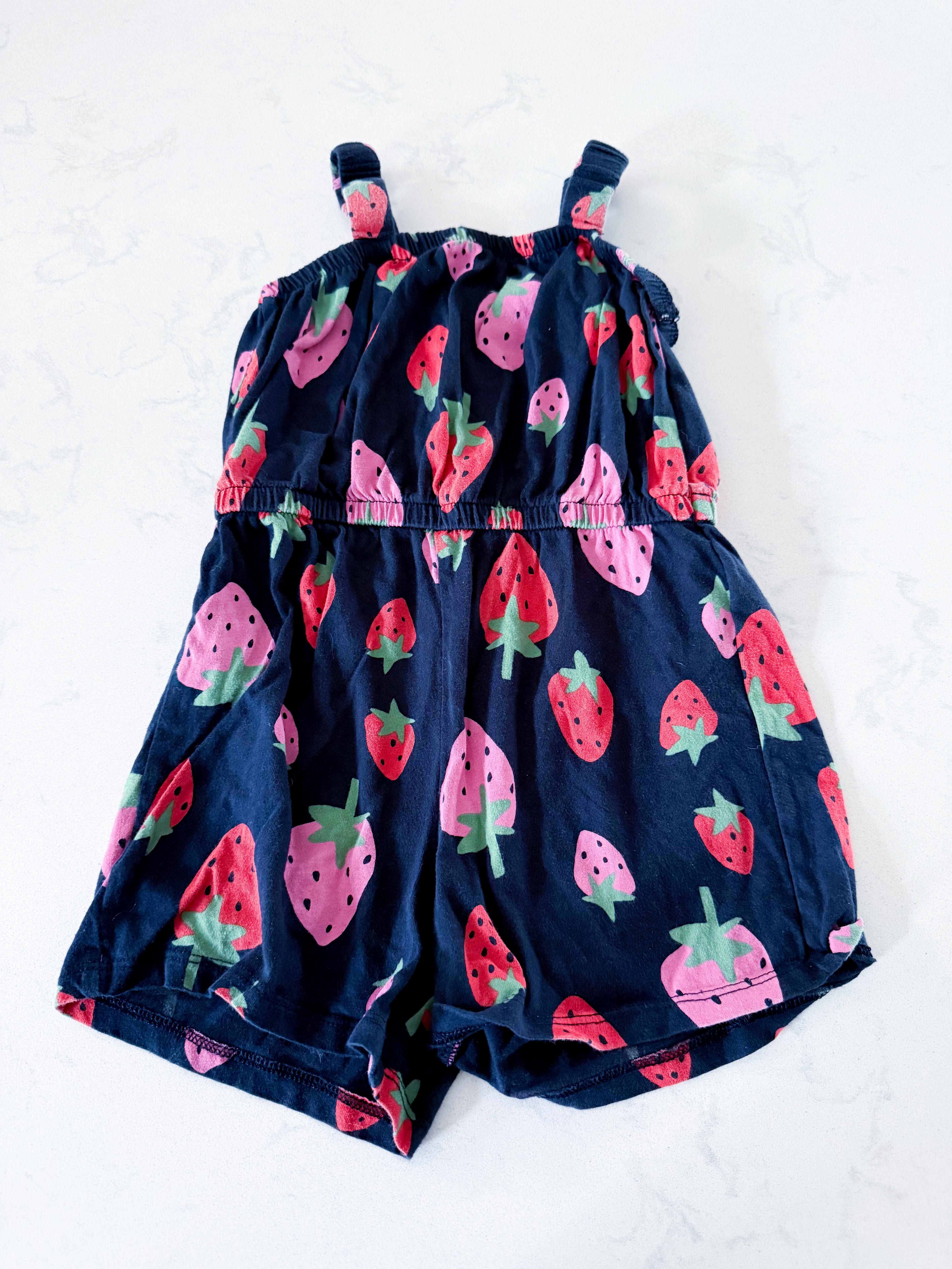 Old Navy- 3T- GUC- navy blue tank romper with strawberries