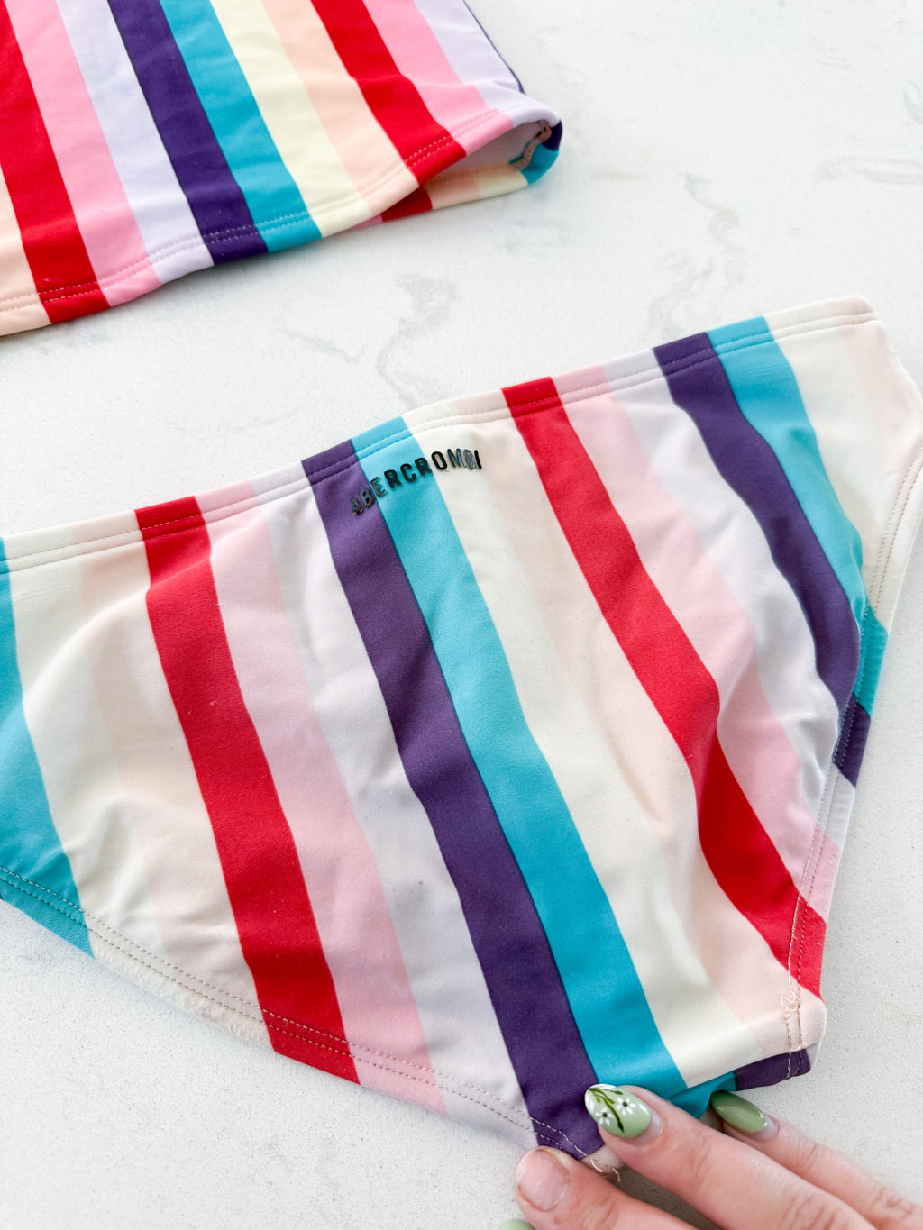 Abercrombie Kids- 9-10Y- PLAY- red blue purple and pink striped two piece bathing suit