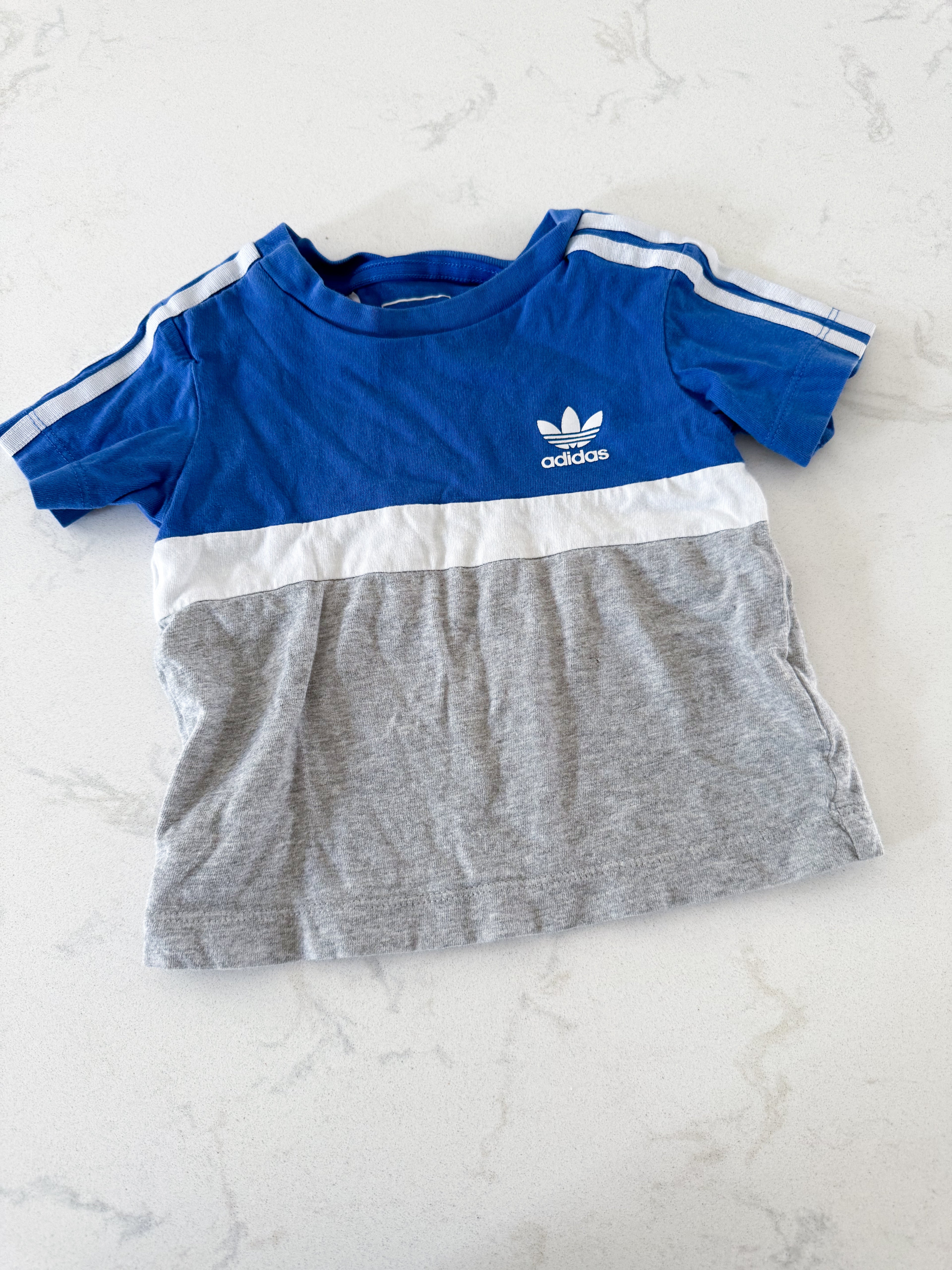 Adidas- 9-12m- GUC- blue grey and white t shirt