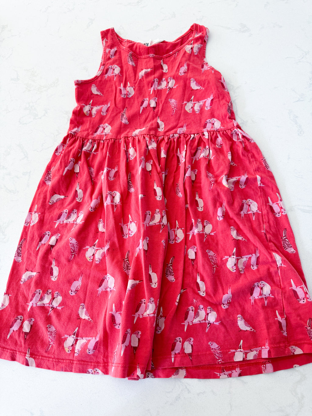 H&M- 8-10Y- GUC- red tank dress with pink parakeet birds