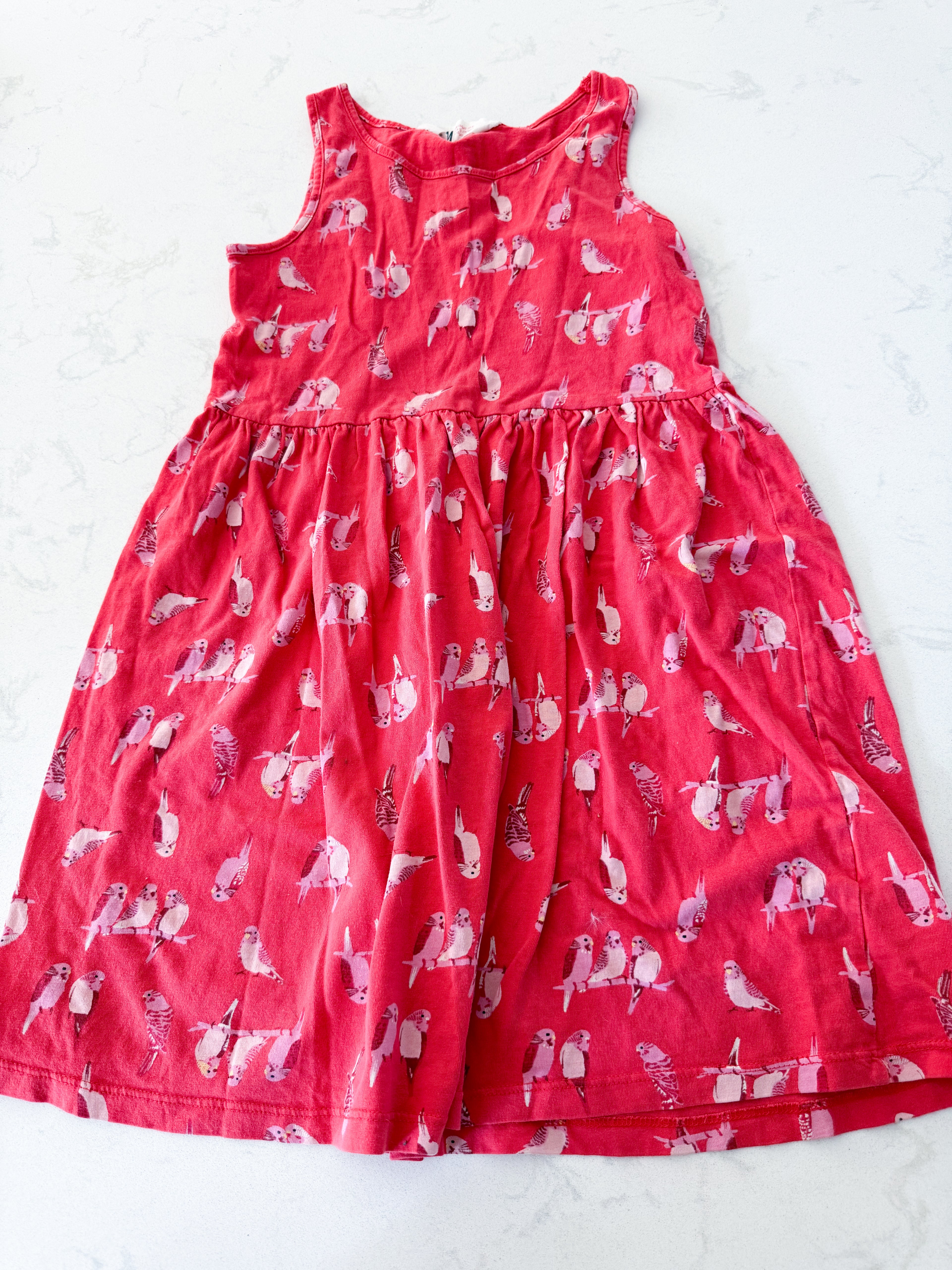 H&M- 8-10Y- GUC- red tank dress with pink parakeet birds