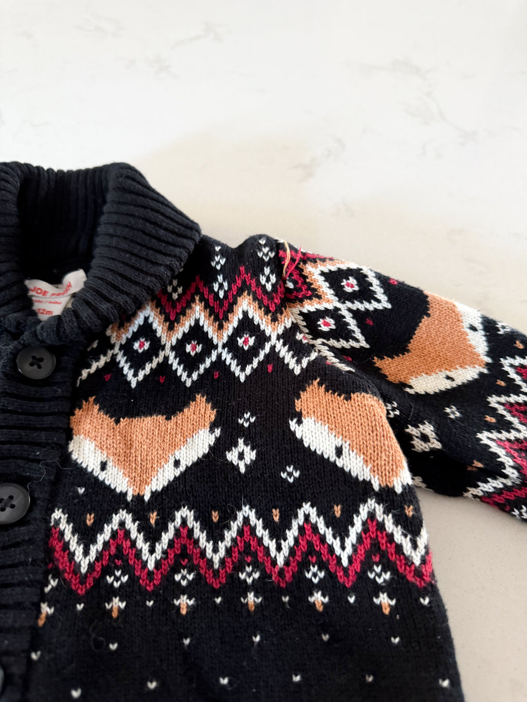 Joe Fresh- 6-12m- VGUC- black knit button up cardigan with foxes