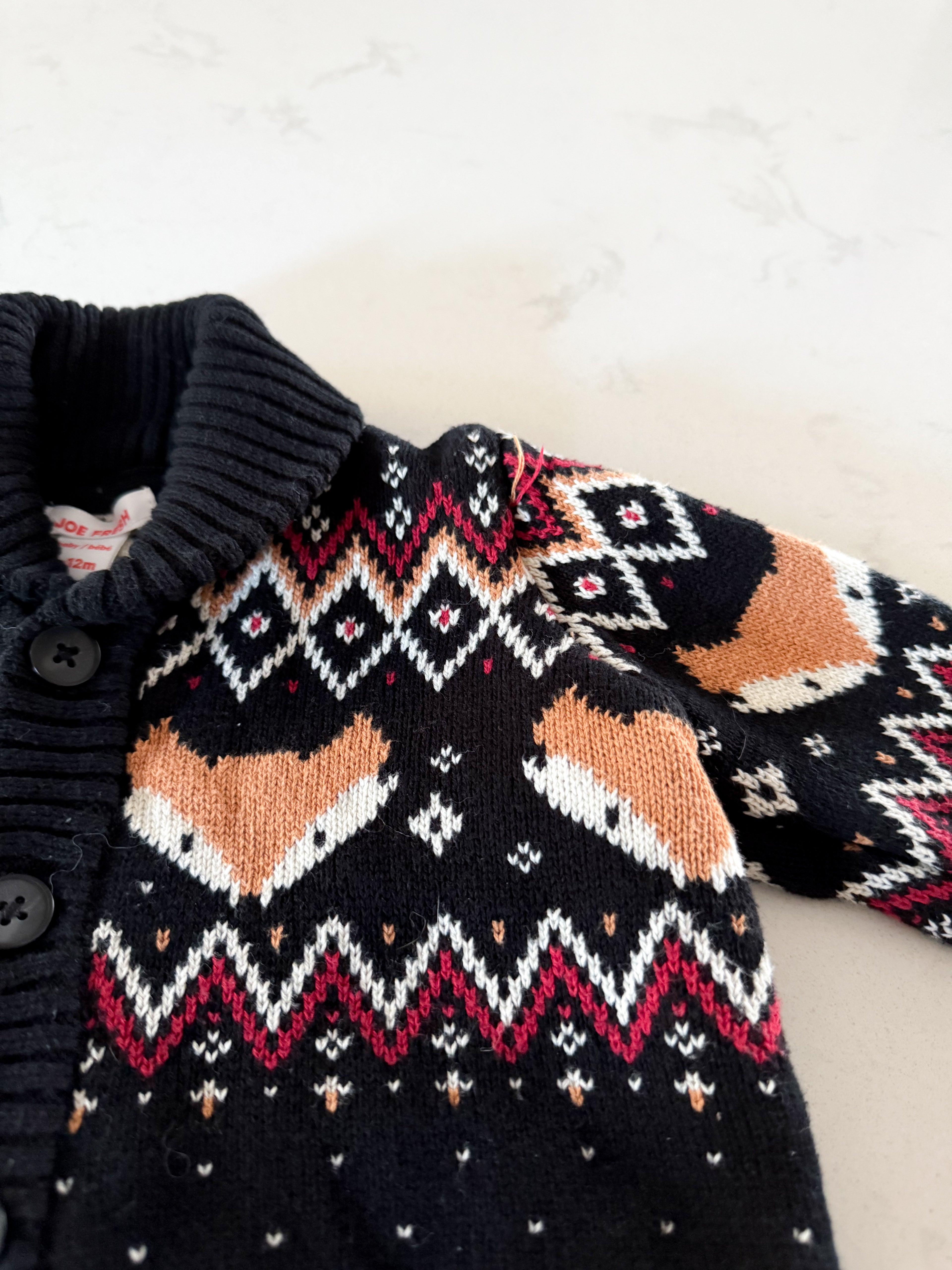 Joe Fresh- 6-12m- VGUC- black knit button up cardigan with foxes