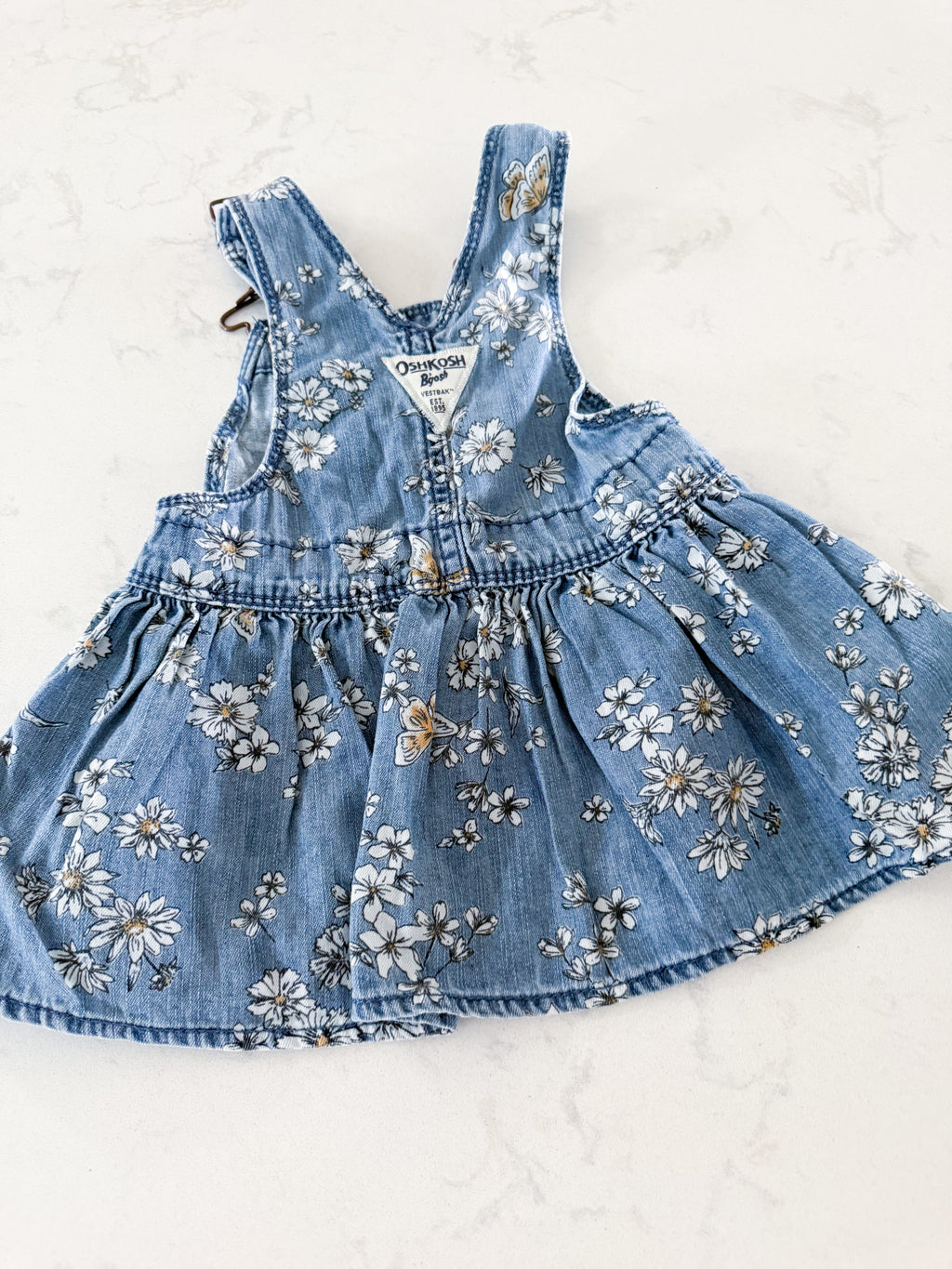 Oshkosh-9m- VGUC- denim overall dress with florals and butterflies