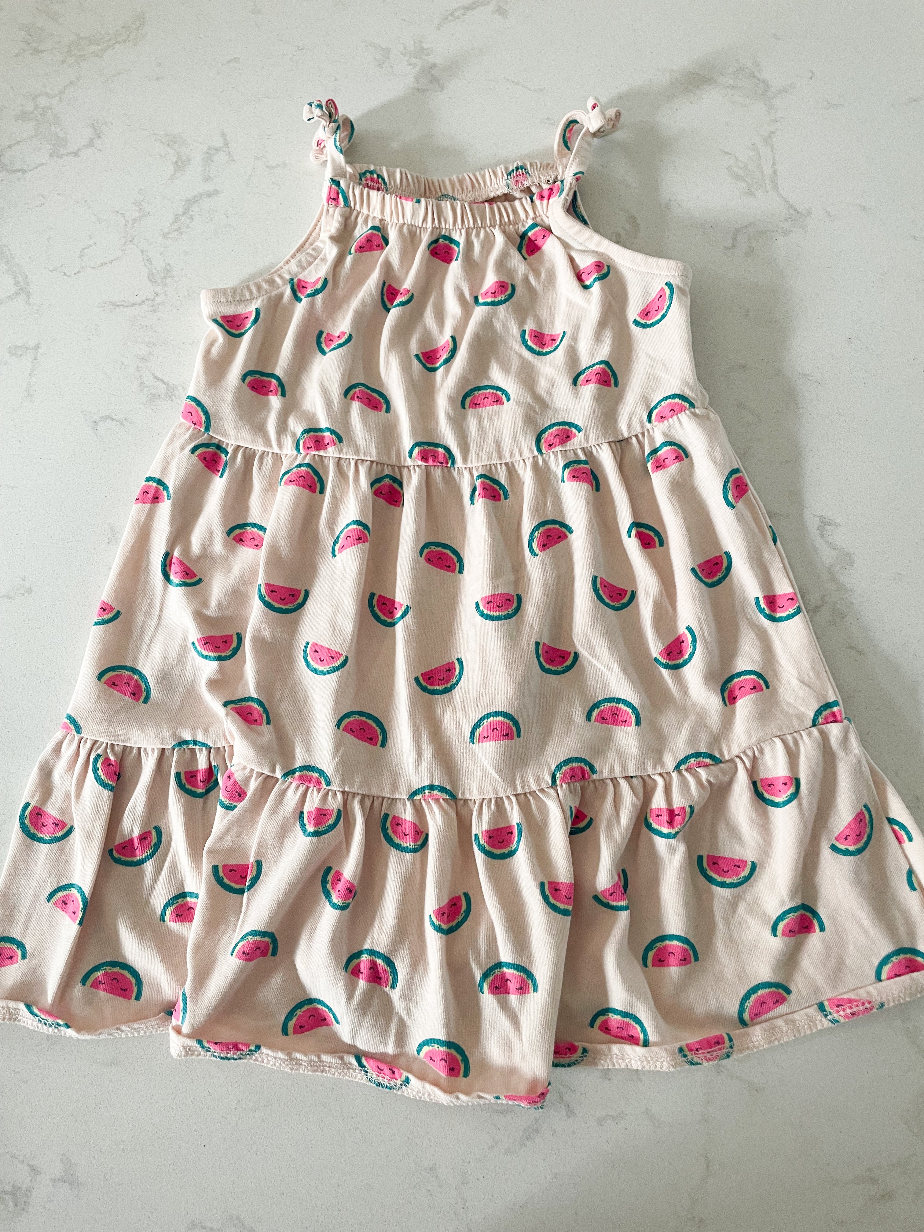 George-18-24m-GUC- peach coloured tank dress with watermelon faces