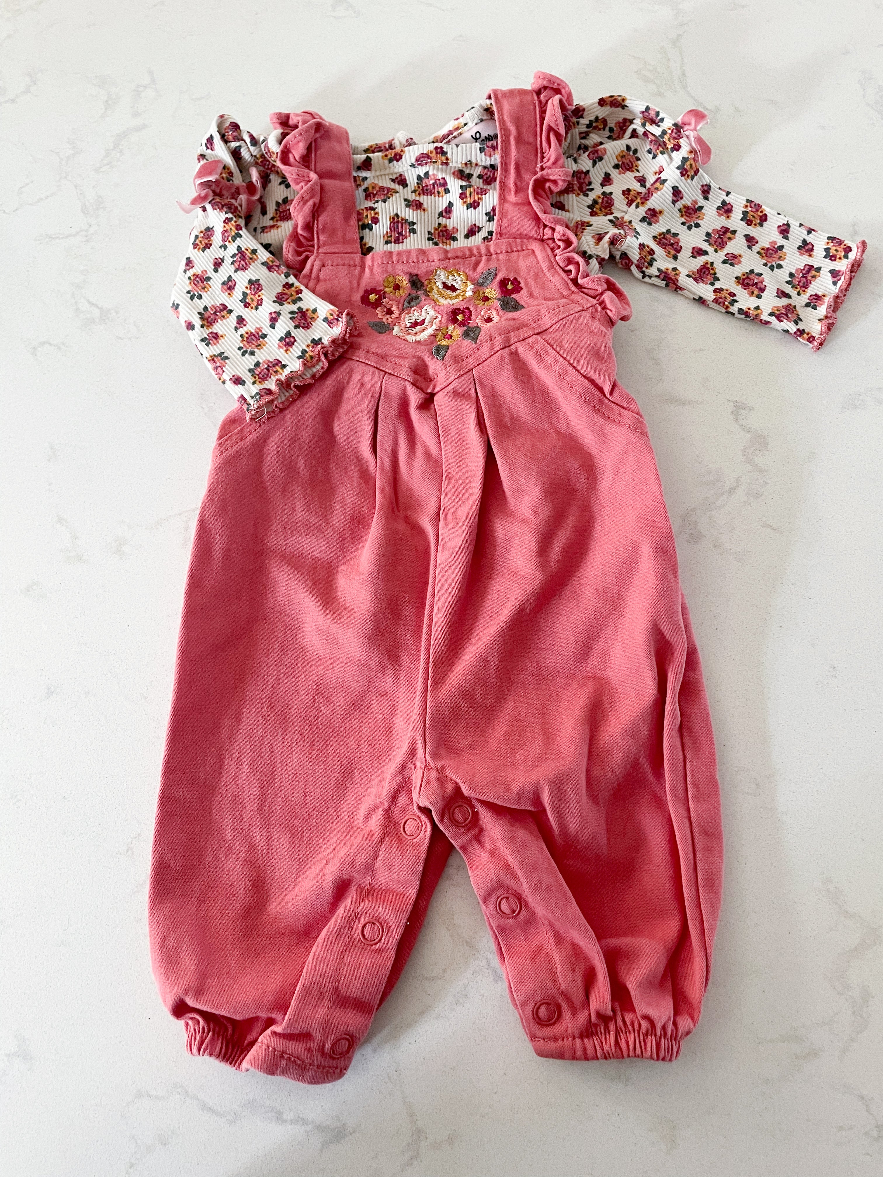 Little Lass Baby-0-3m-PLAY- floral ribbed bodysuit and pink romper embroidered