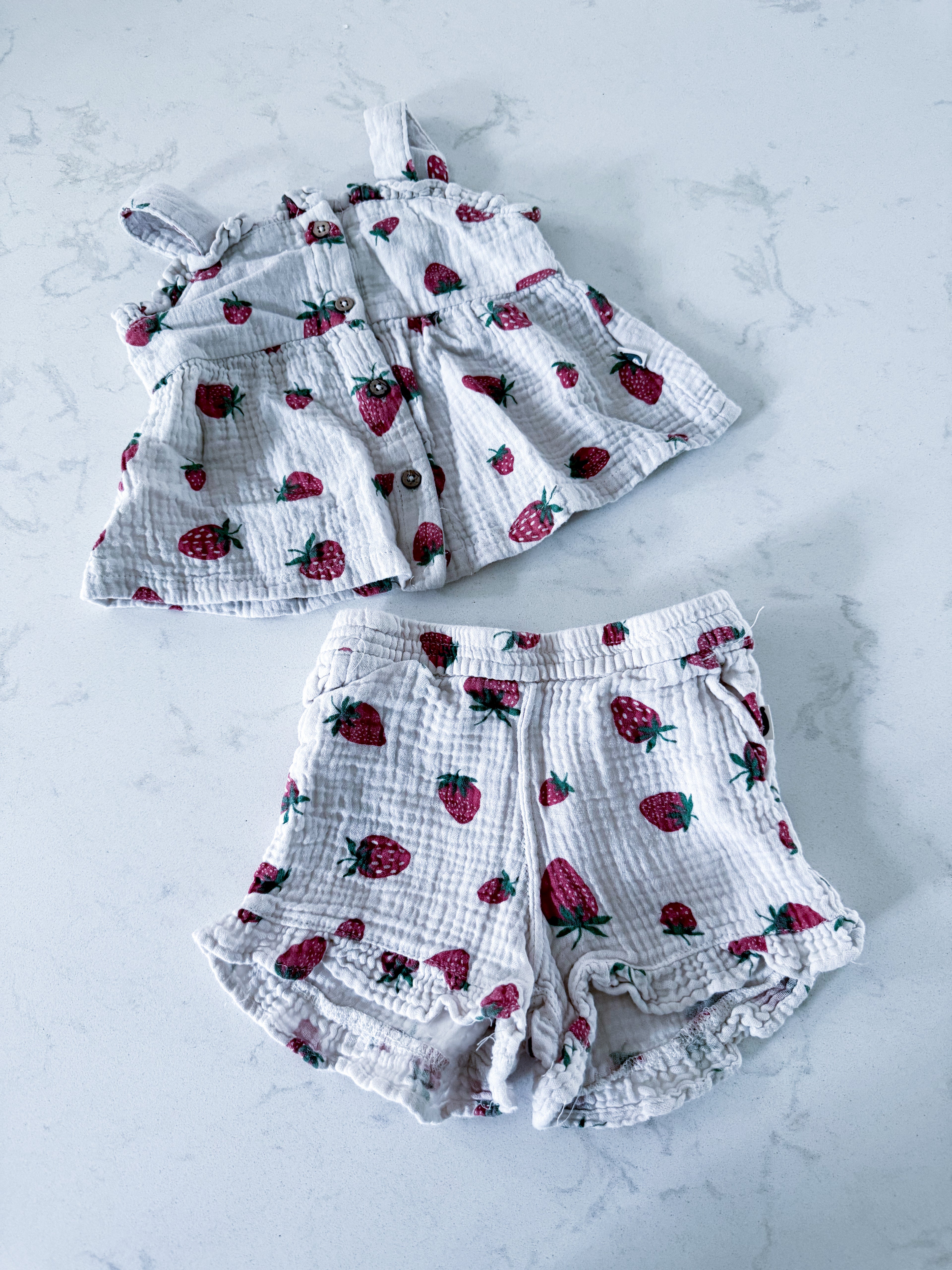 Rabbit and Bear- 12m- PLAY- white Muslin two piece set with strawberries