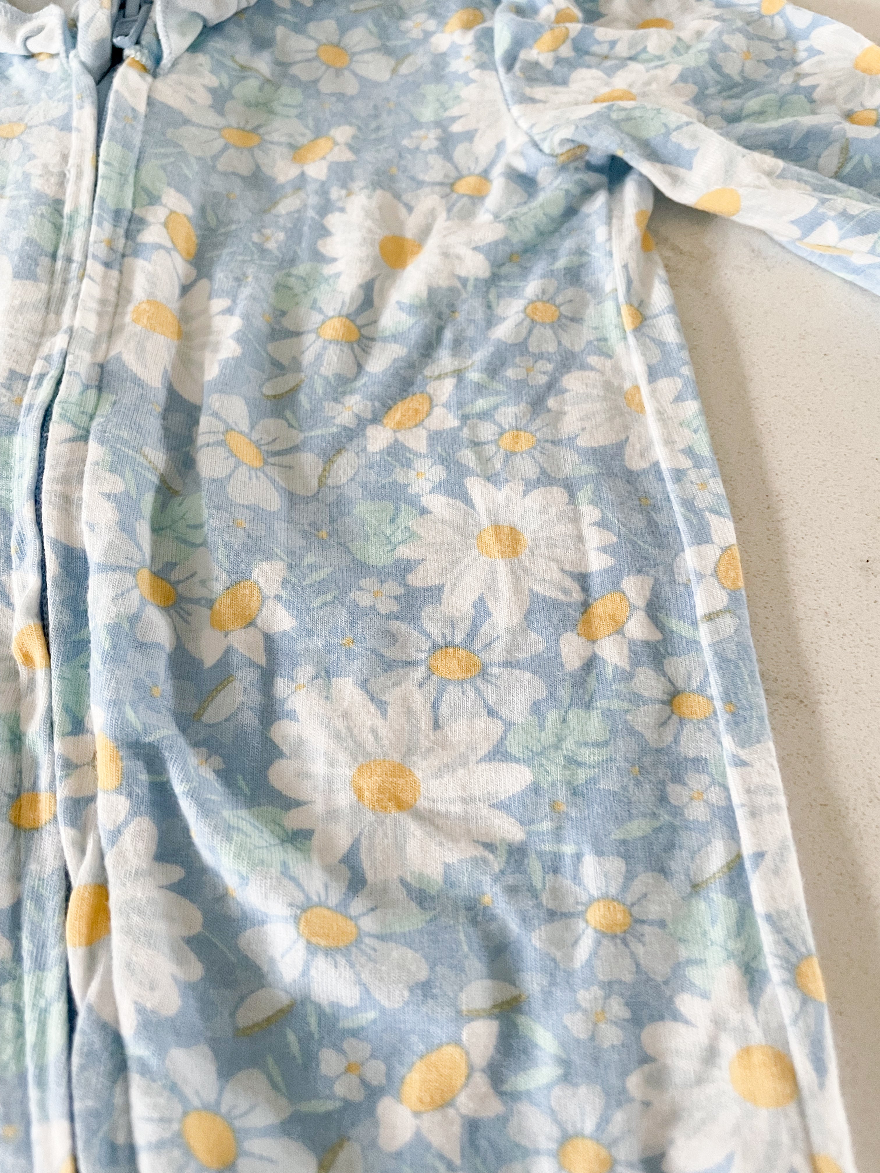 Little Me- 6 months- ice blue bamboo footie pajamas with daisies and ruffles