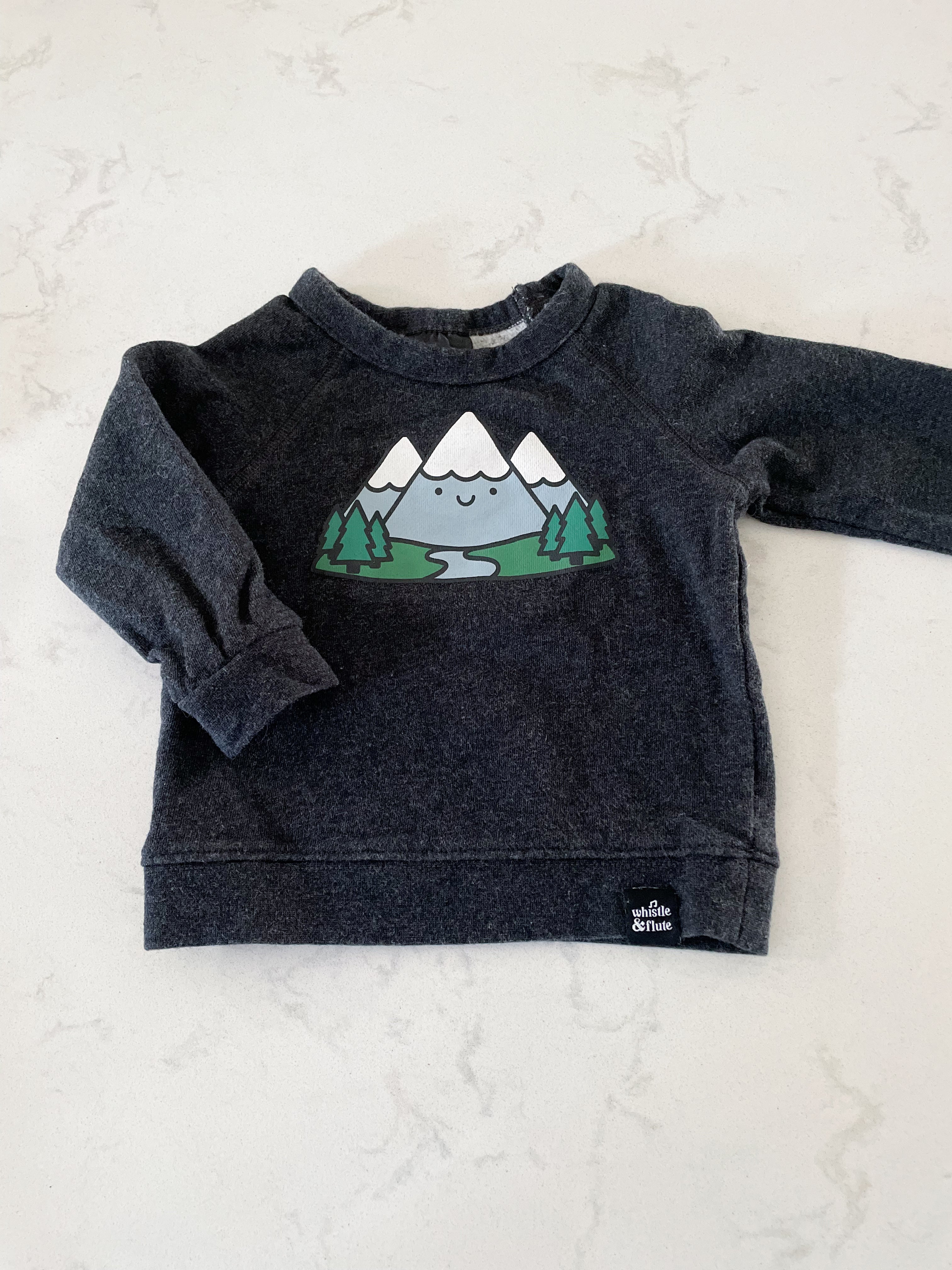 Whistle and Flute- 6-12 months- Dark grey crewneck with smiling mountain