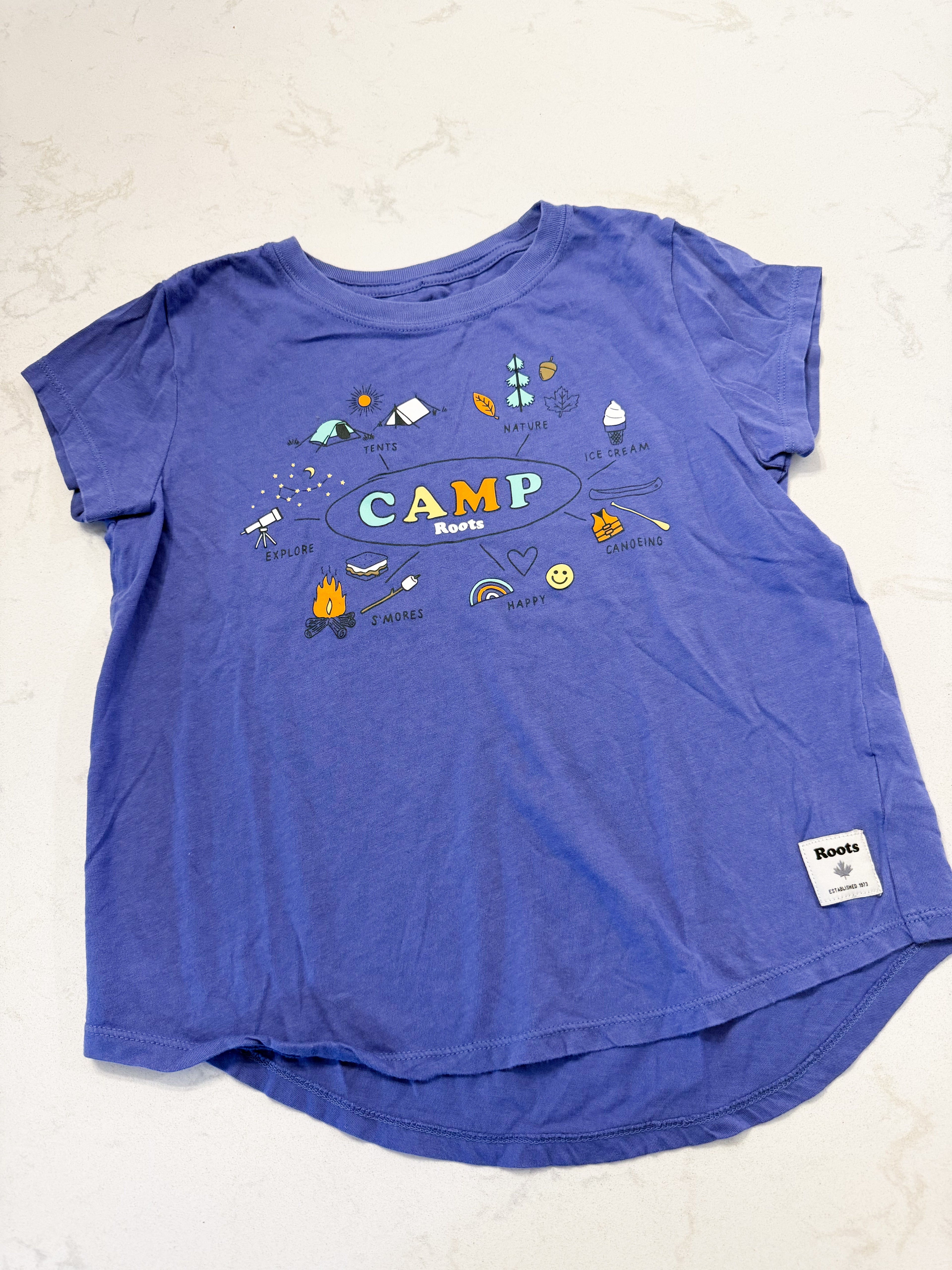 Roots- 9-10Y- GUC- purple t shirt with camp Roots on front