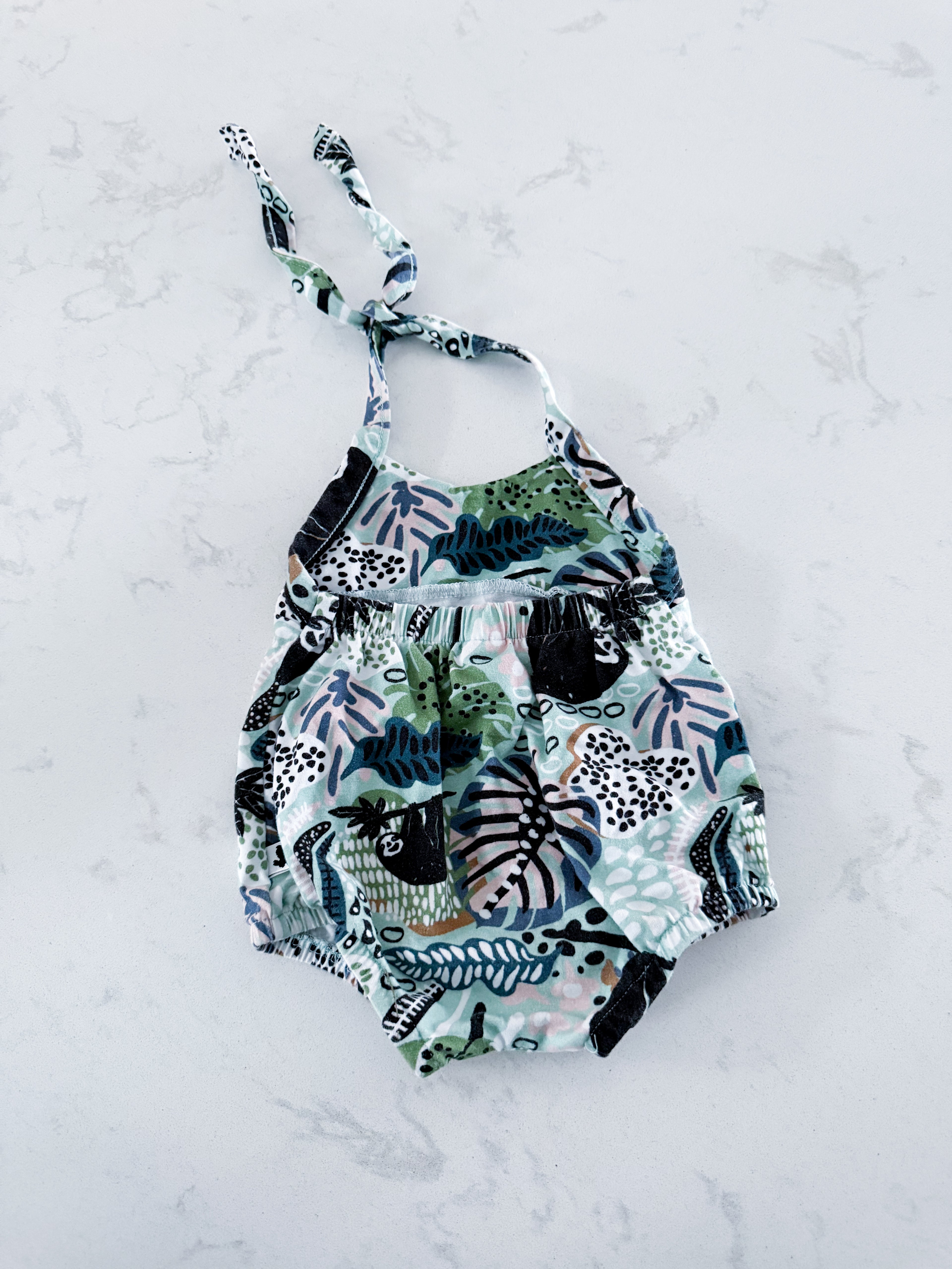 Little and Lively 0-6m- VGUC- halter bubble romper with tropical pattern