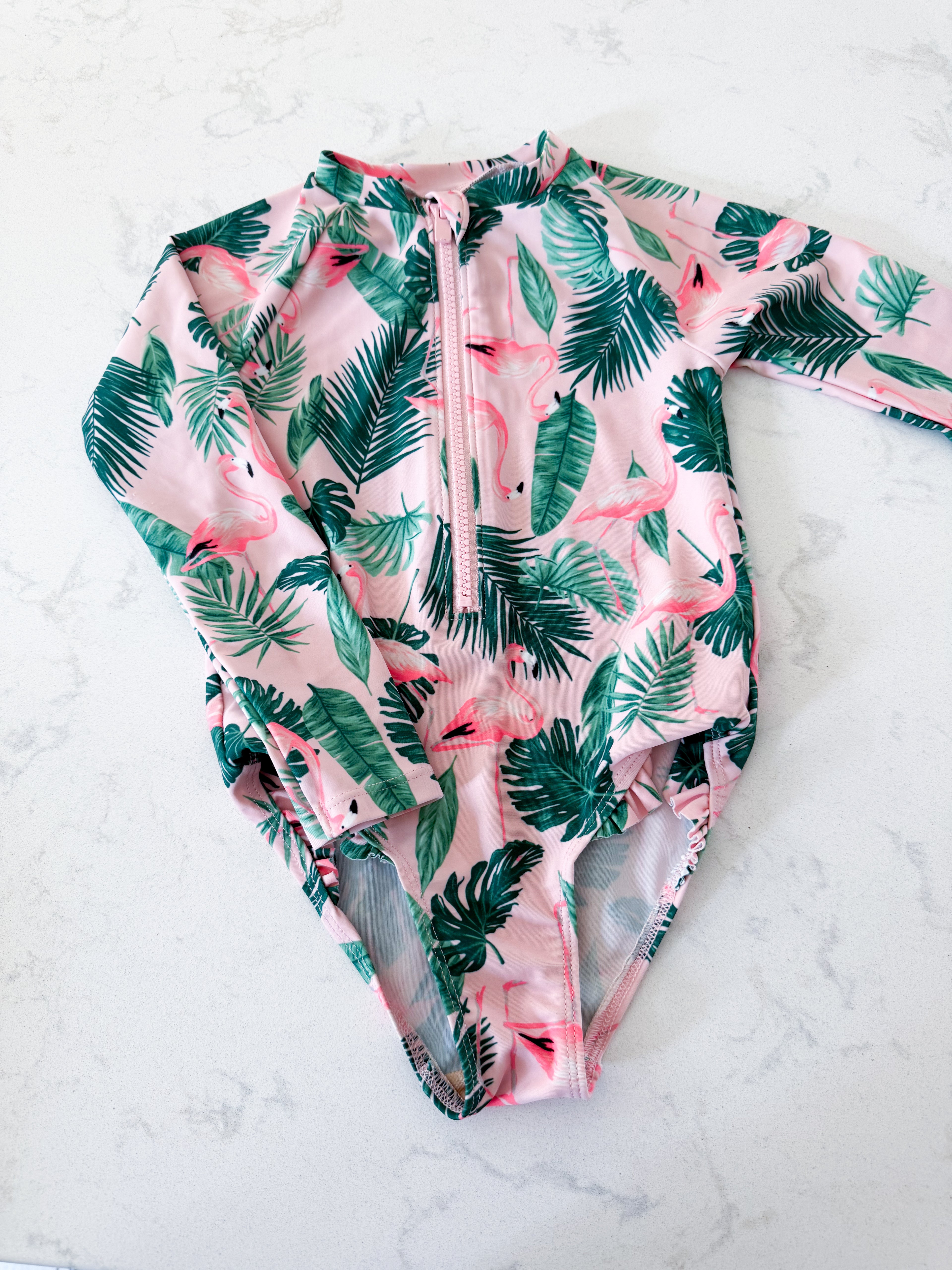 Old Navy- 4T- VGUC- pink long sleeve bodysuit with tropical leaves and flamingos